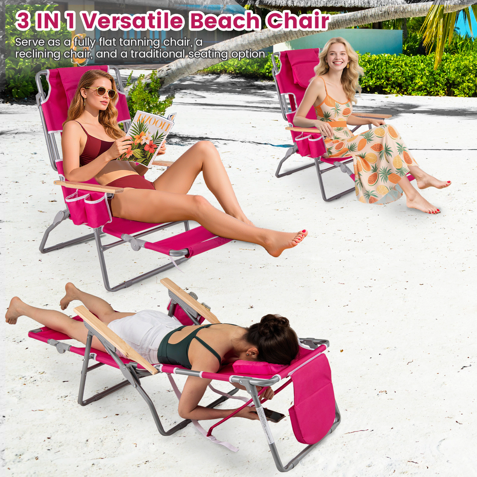 SUGIFT 3-in-1 Foldable Beach Chair Peach with Face Hole Footrest and Adjustable Backrest