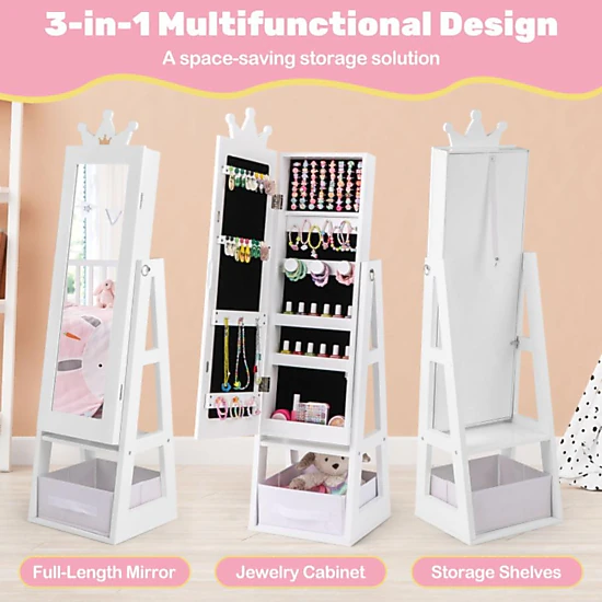 Hivvago Free-Standing Full Length Kids Jewelry Armoire Cabinet With Storage Capacity-White