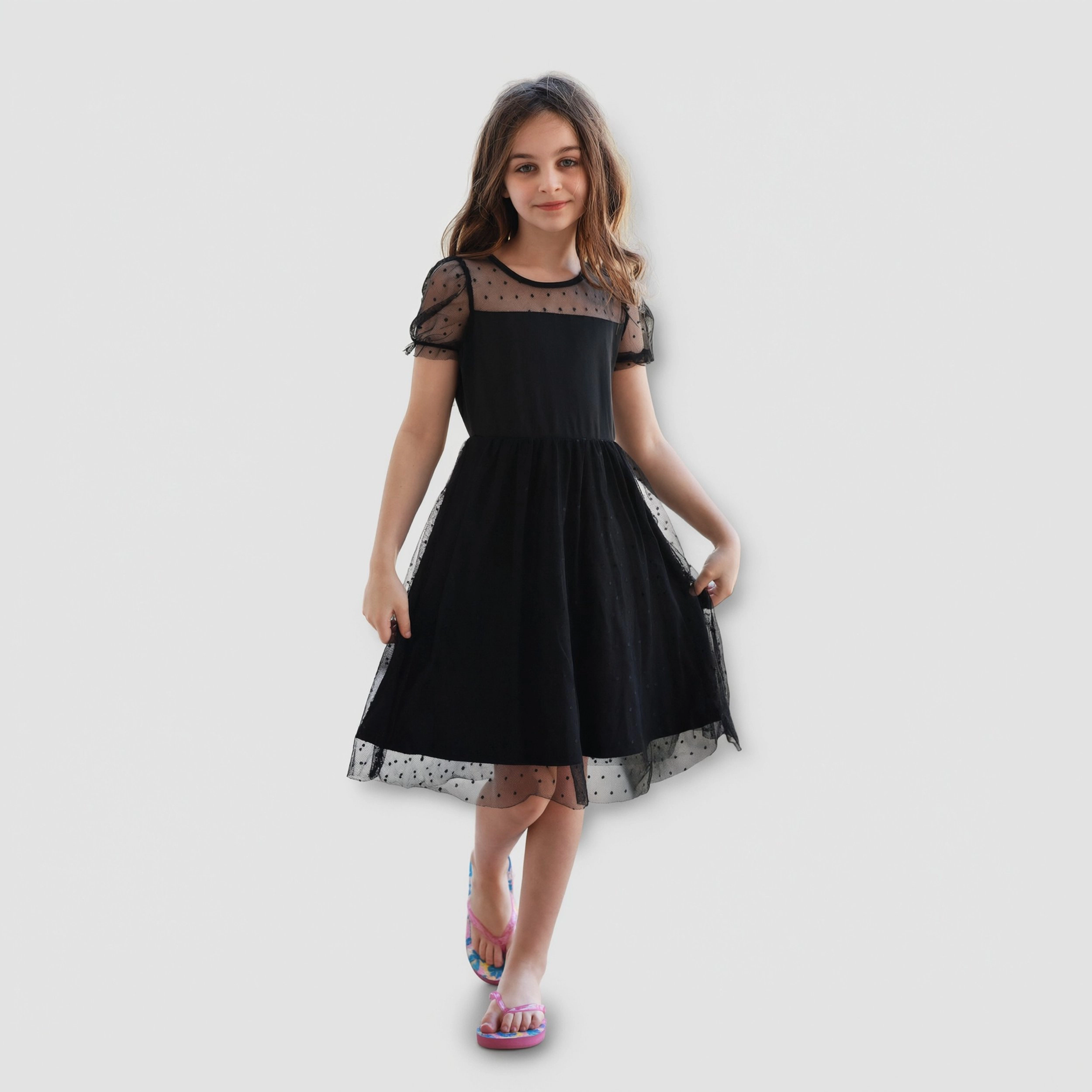 Arshiner Girls Dress Contrast Mesh Puffy Short Sleeve Aline Casual Party