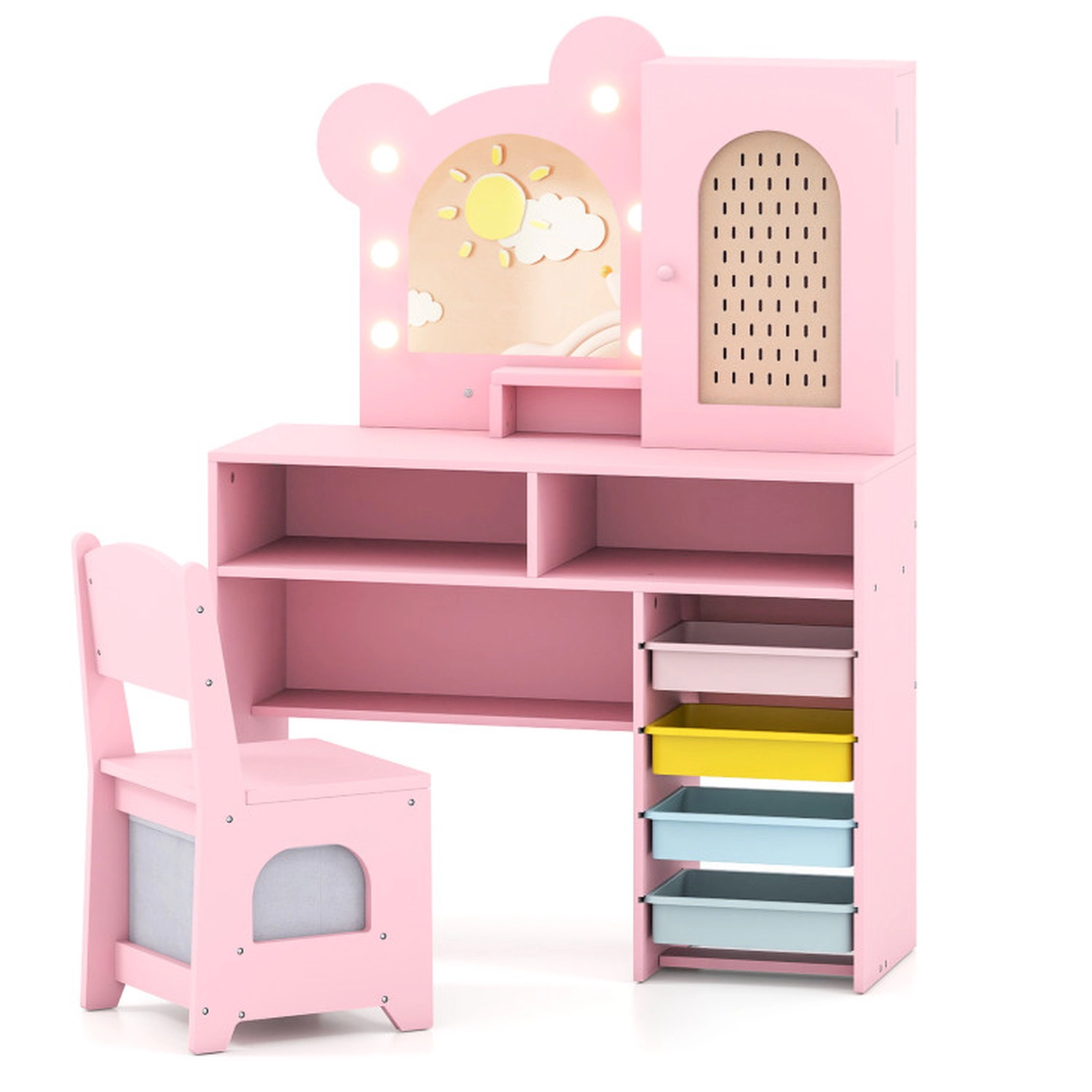 SUGIFT Kids Vanity with 3-Mode Lighted Mirror 5 Drawers and Chair 45-lb Tabletop Capacity Ages 3+ Pink/White