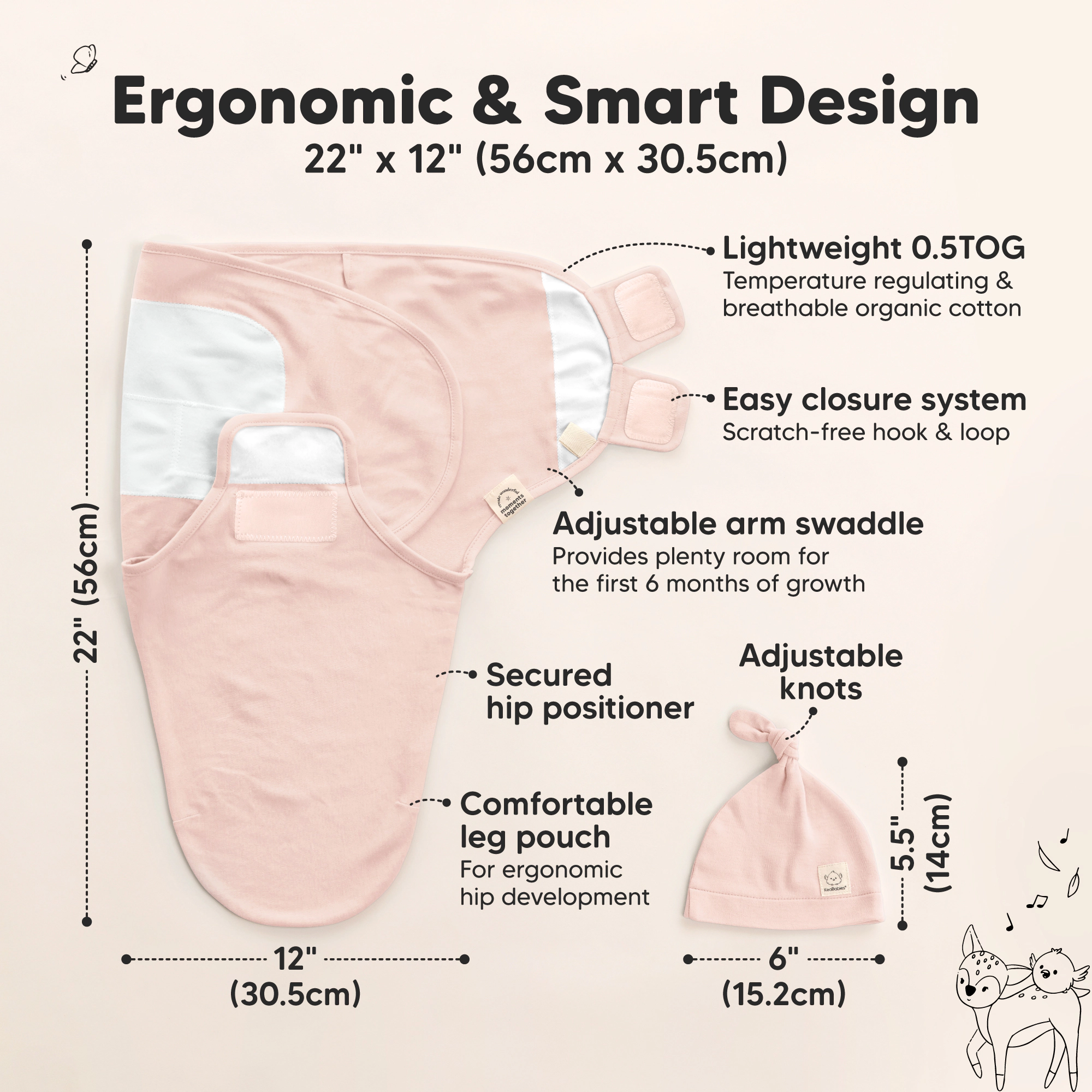 KeaBabies 3-Pack Soothe Swaddle Wraps with Knot Hats
