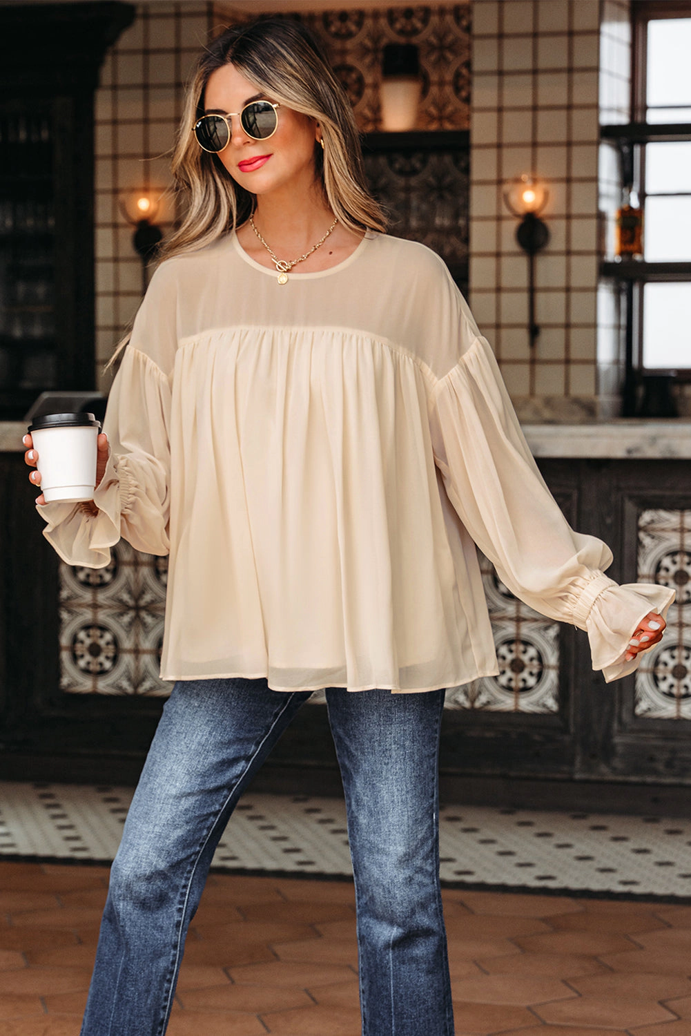 Threaded Pear Women's Mayaevi Sleeve Chiffon Blouse Long Sleeve Top