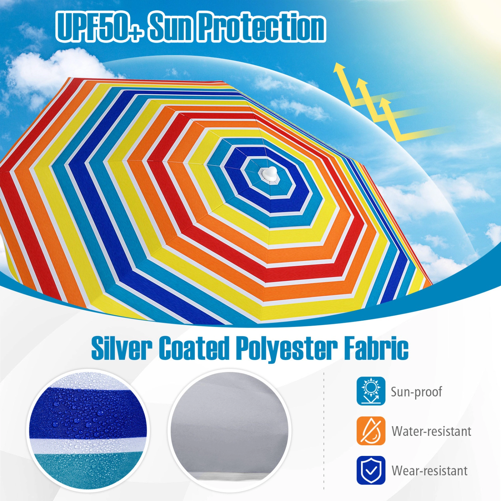 SUGIFT 6.5-ft Rainbow UPF 50+ Beach Umbrella with Sand Anchor Tilt Pole 2 Cup Holders and Carry Bag