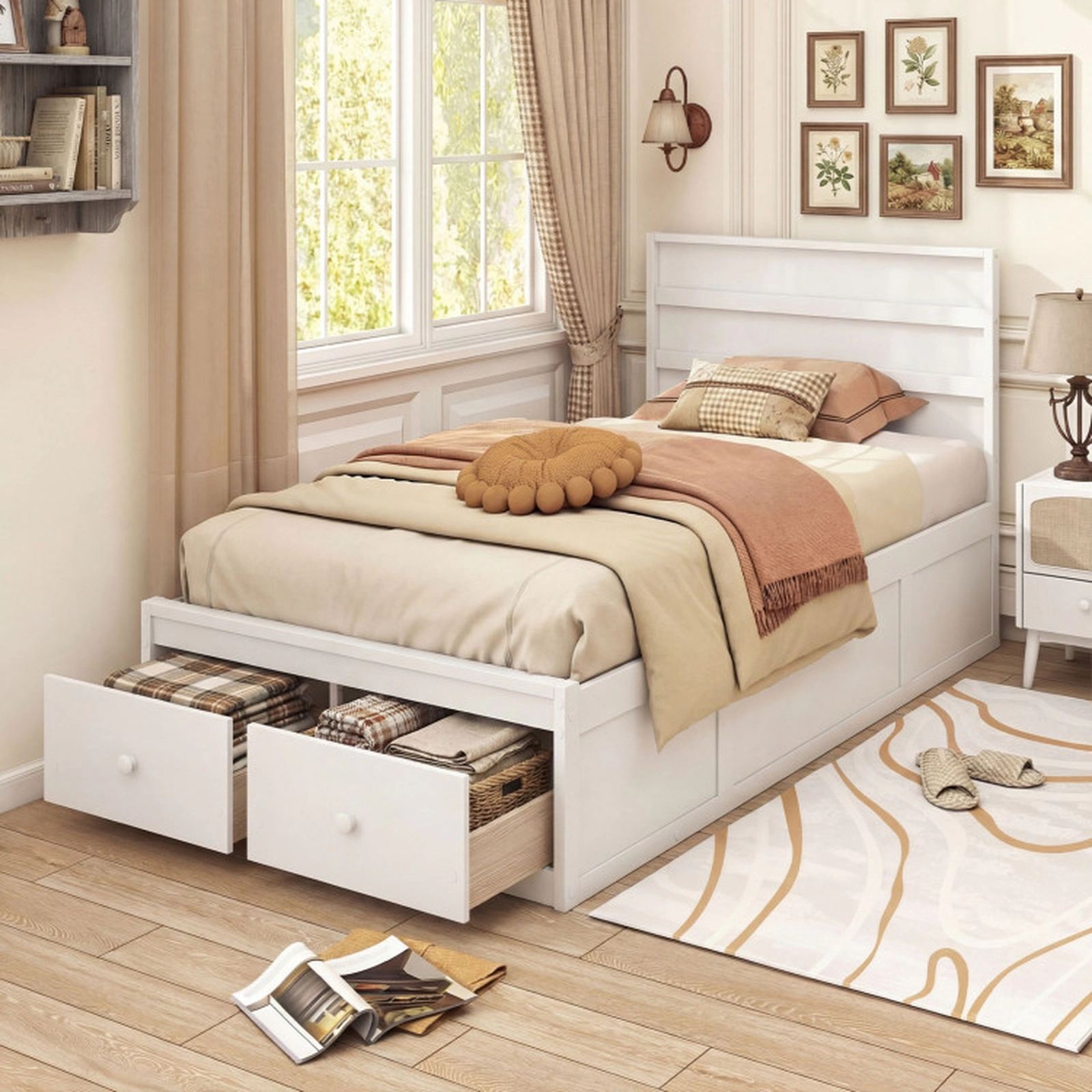 SUGIFT 2 Storage Drawers and Panel Headboard Twin Size Wooden Bed Frame