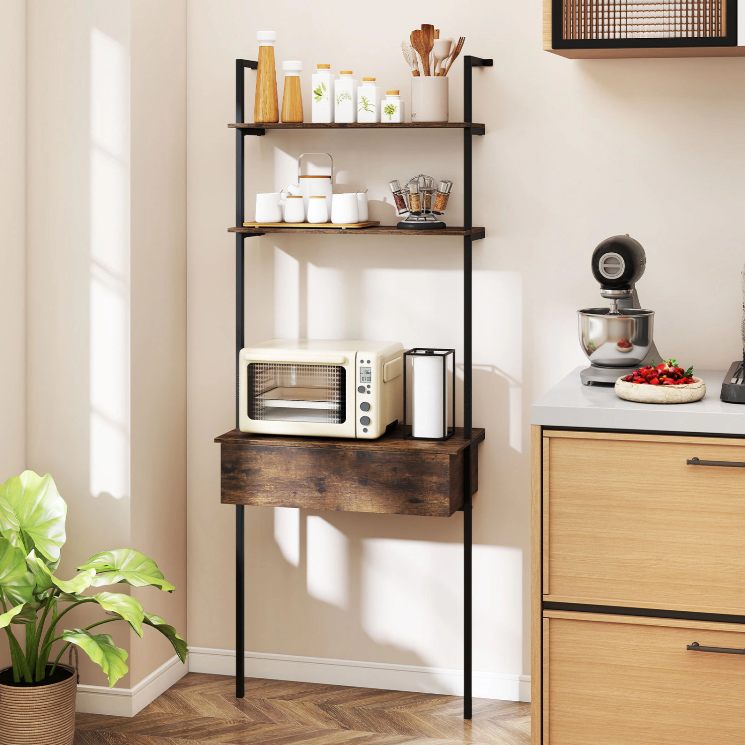 LJG 4-Tier Ladder Bookshelf with Drawer and Metal Frame for Living Room