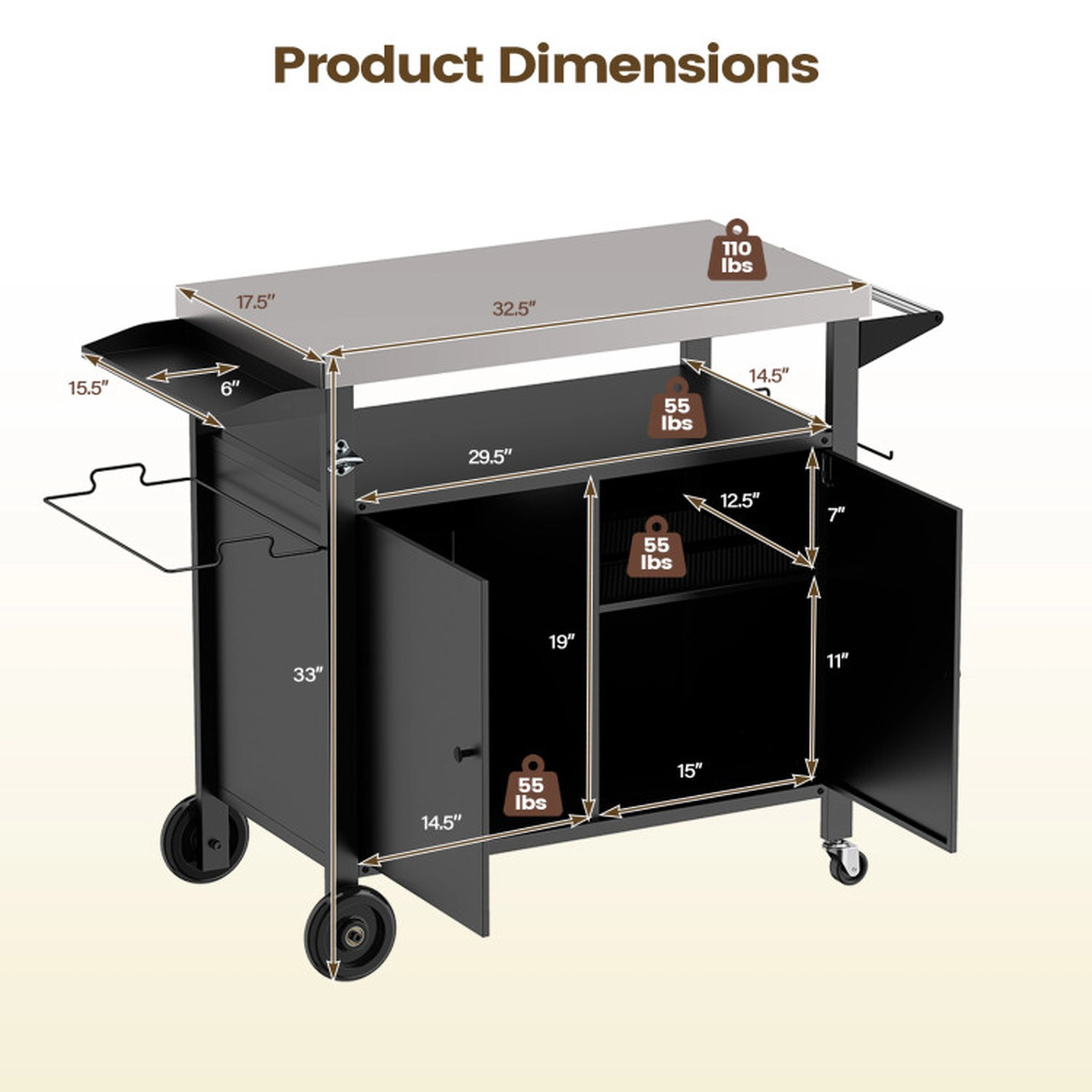 SUGIFT Grill Cart with Stainless Steel Top and 2-Door Cabinet 110-lb Tabletop Capacity Gas Tank Shelf 45-in Wide Black
