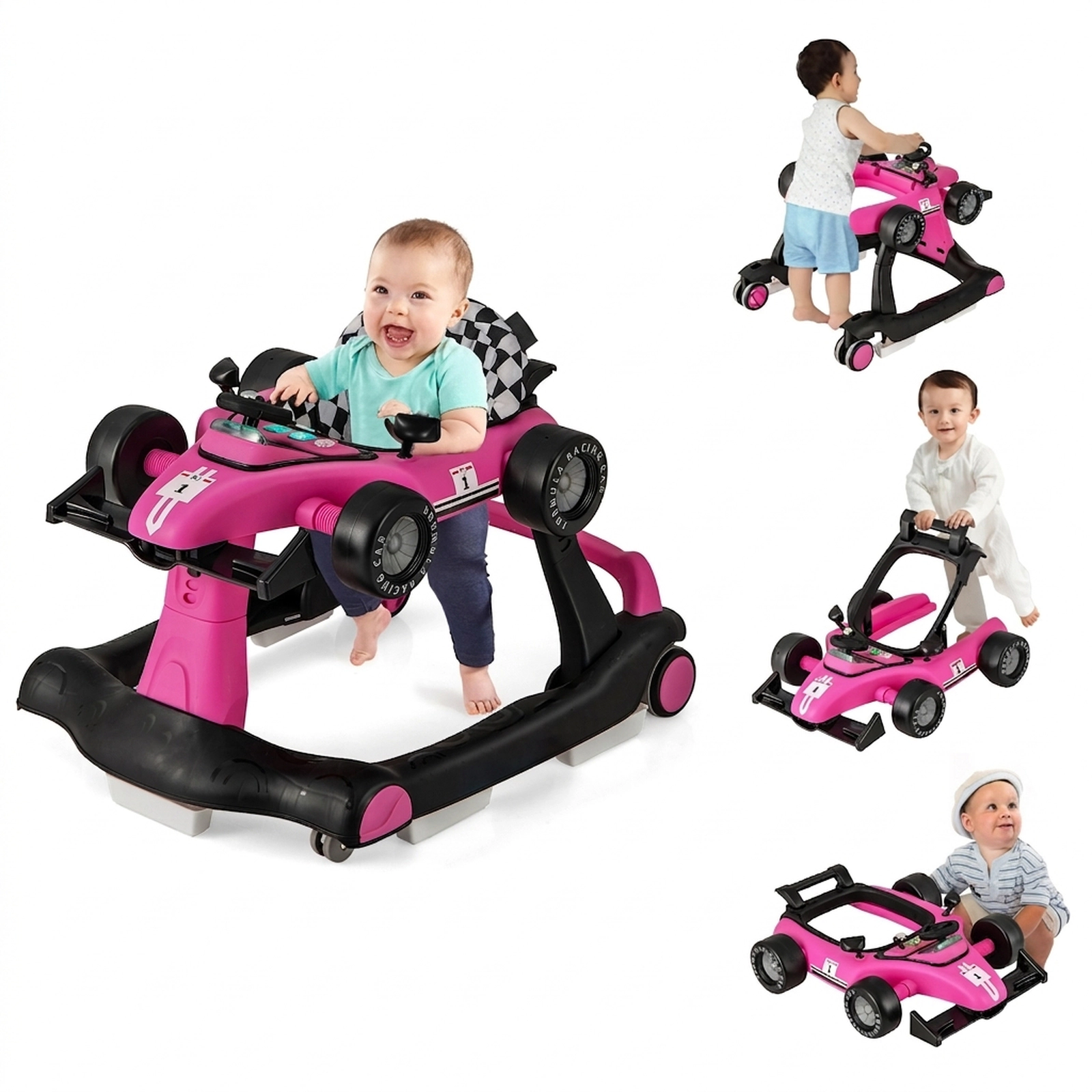 SUGIFT 4-in-1 Foldable Activity Push Walker with Adjustable Height 25-lb Capacity Ages 6-18 Months Pink