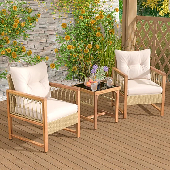 Hivvago 3 Pieces Patio Furniture Set With Acacia Wood Frame Cushions-Brown