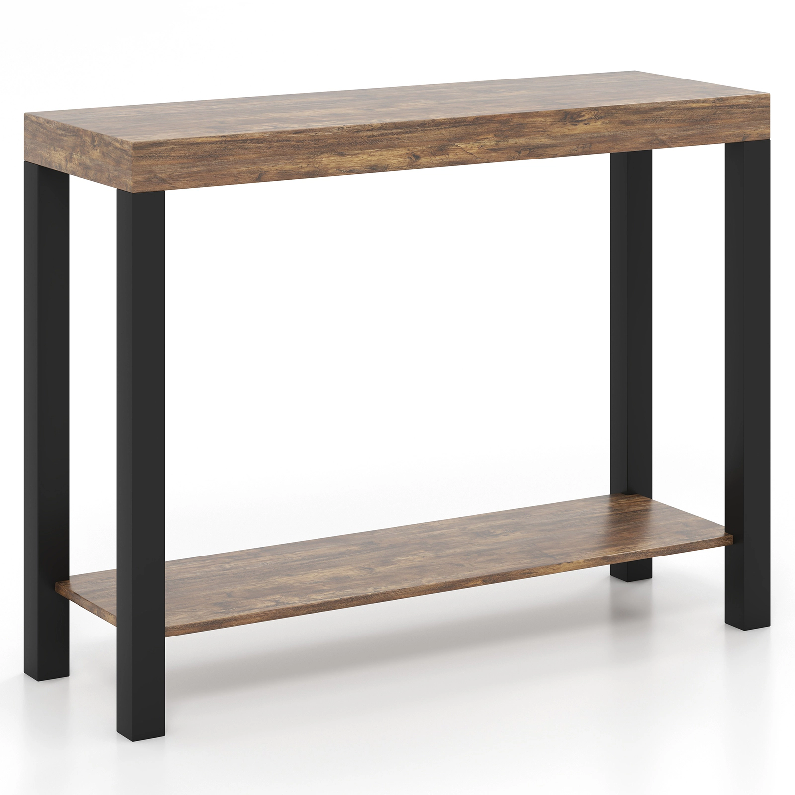 SUGIFT 48-in Counter-Height Bar Table with 2 Open Shelves, Cashew Wood and Metal Frame