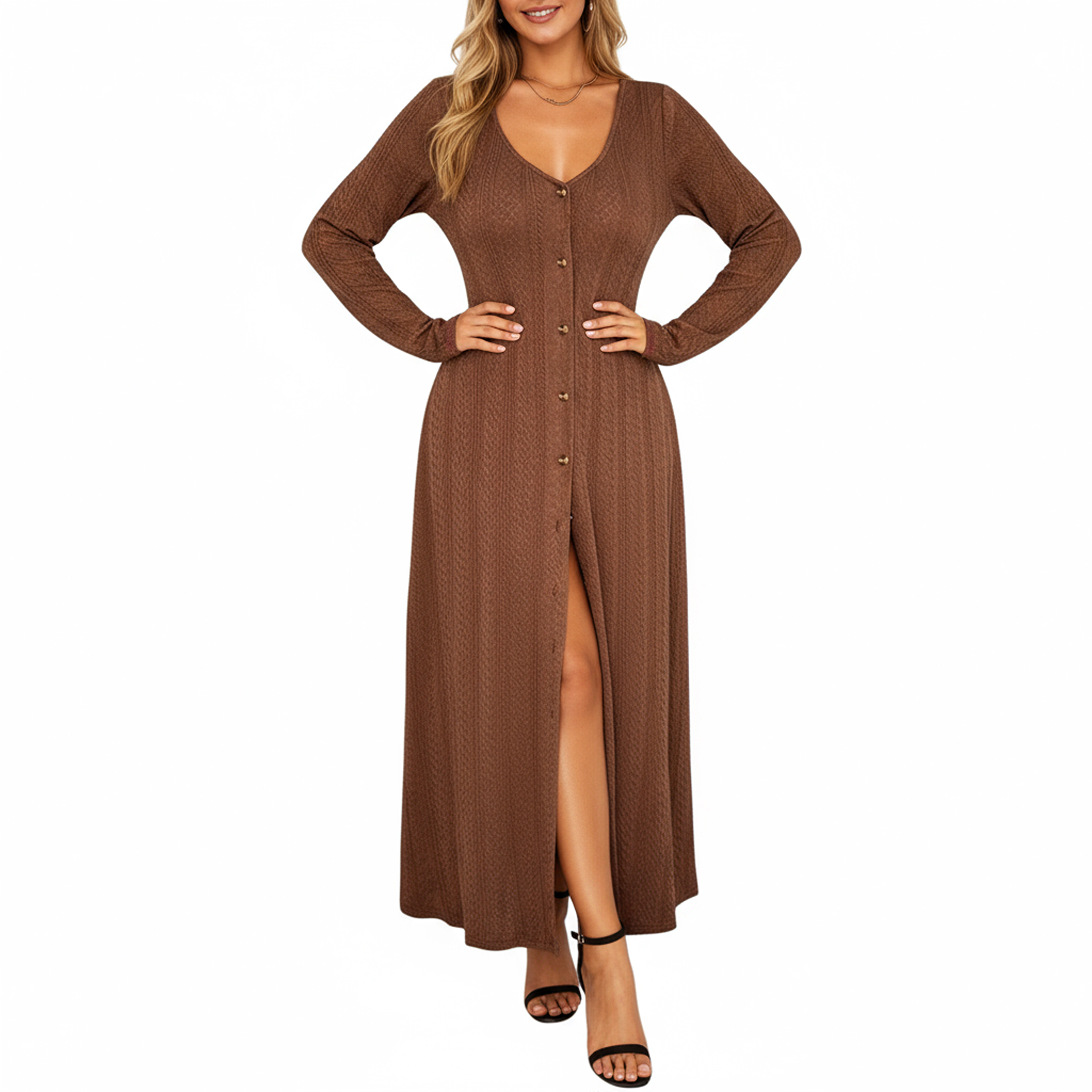 Anna-Kaci Women's Long Sleeve Button Front Deep V-Neck Side Slit Maxi Dress