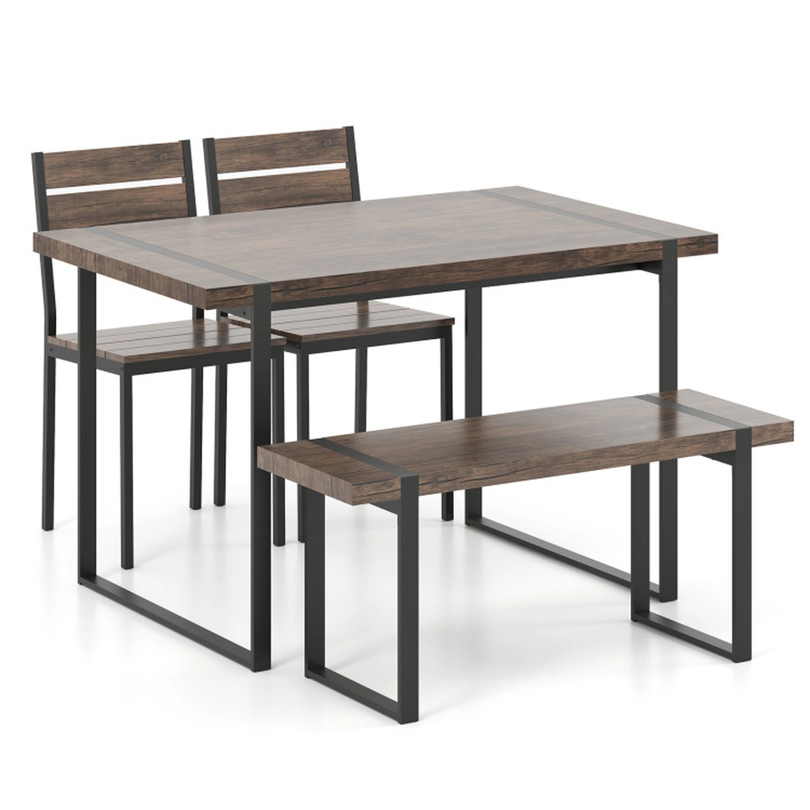 SUGIFT 4-Piece Dining Table Set with Bench and 2 Curved-Back Chairs, Gray and Black