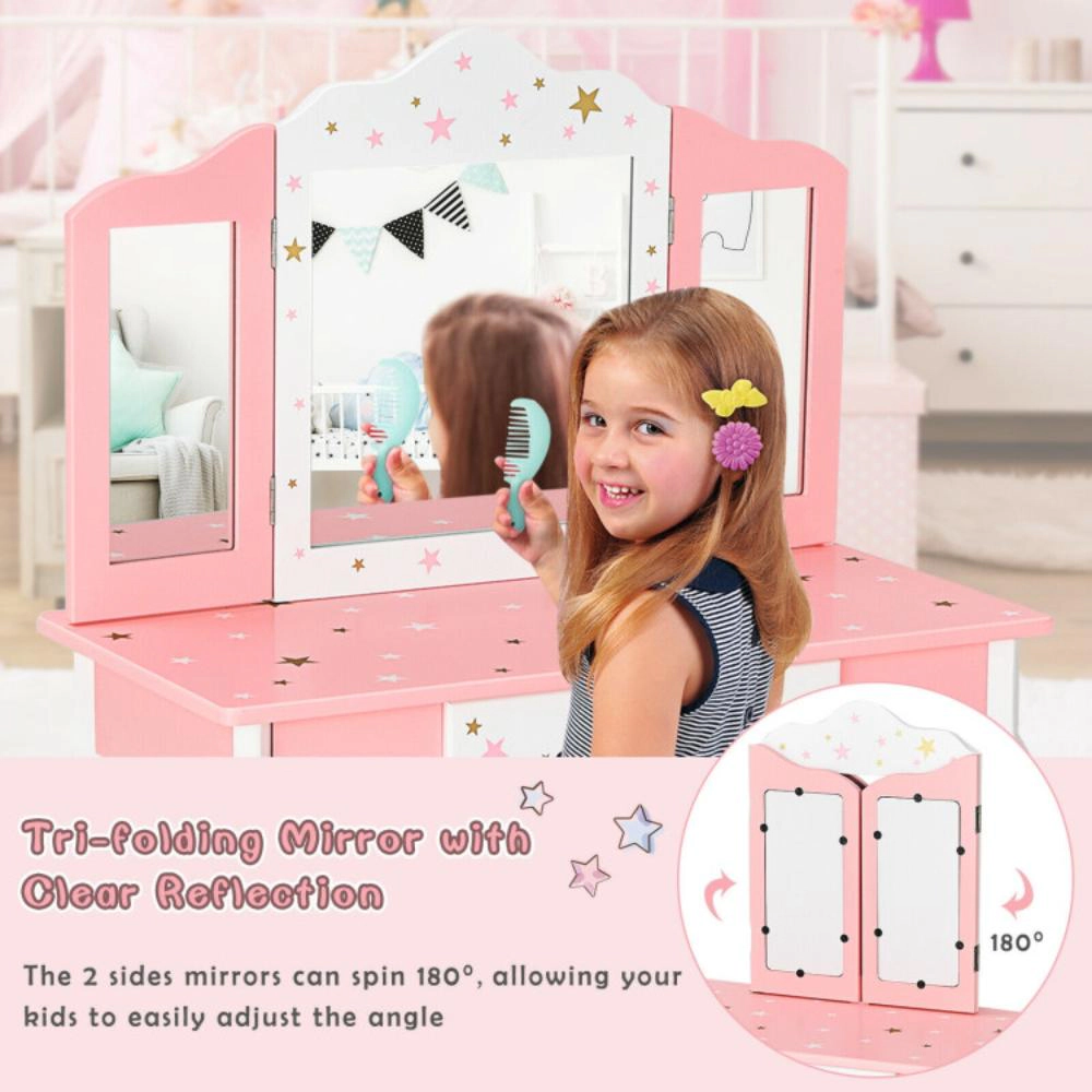 Hivvago Kids Princess Vanity Table And Stool Set With Tri-Folding Mirror Drawer