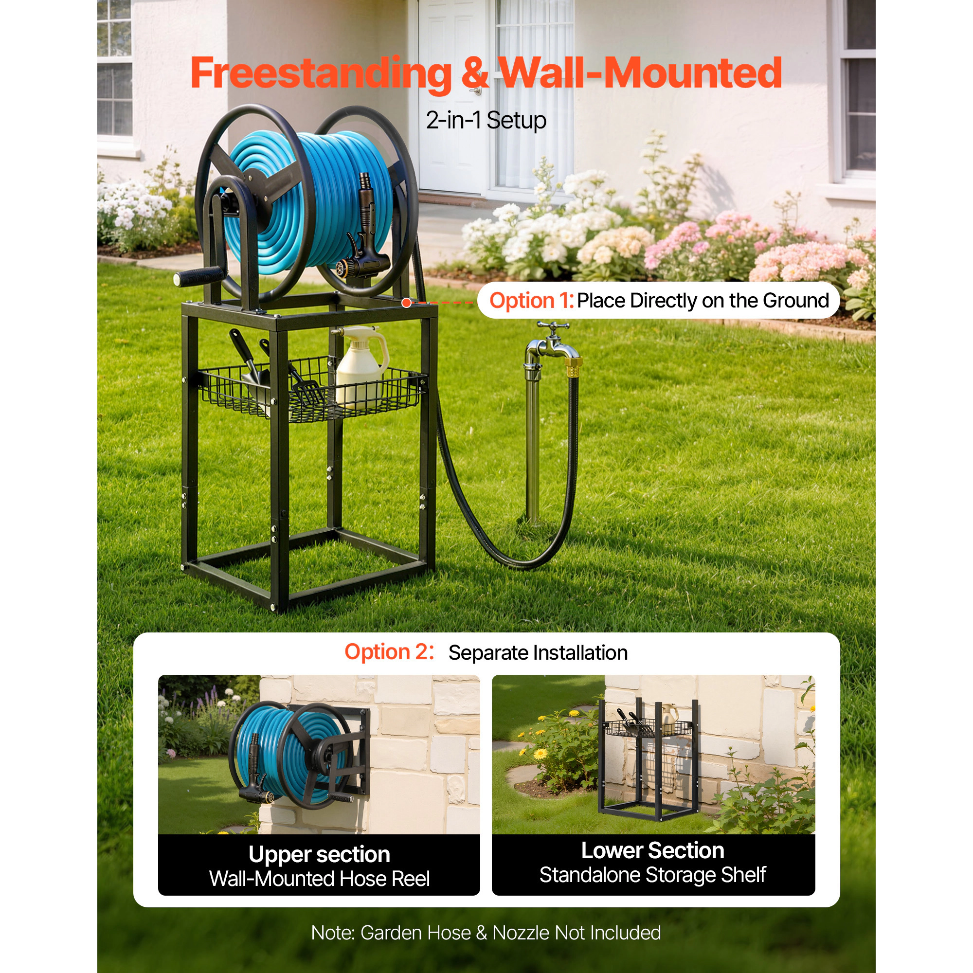 HONGGE Heavy-Duty Wall Mounted Garden Hose Reel Holds 5/8-inch Hose Outdoor Winder