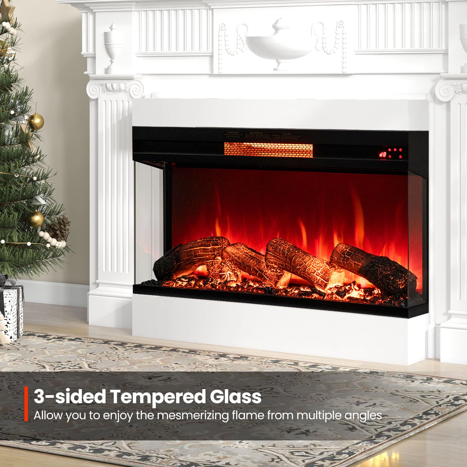 SlickBlue Black Tempered Glass Electric Fireplace, 1500W, 5118 BTU, 8 Flame Modes, 3-Sided View