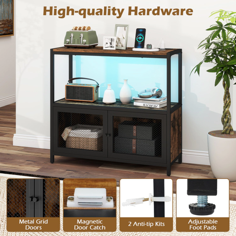 Hivvago Industrial Coffee Bar Cabinet With Led Lights And Charging Station