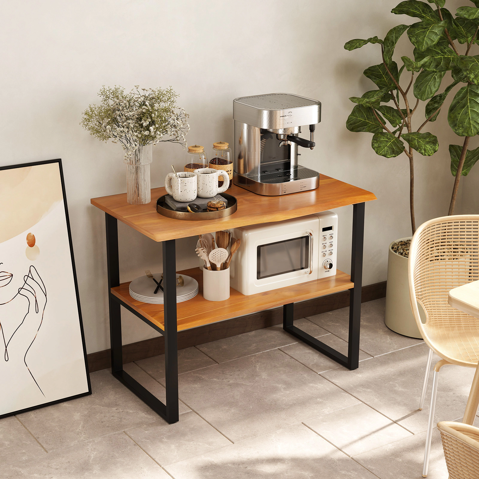 LJG 2-Tier Teak Wood End Table Sofa Side for Living Room Hallway Laundry