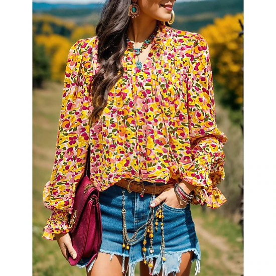 Zeagoo Woman Floral Printed Blouses Bohemian Long Sleeve Tops Boho Drawstring Shirts