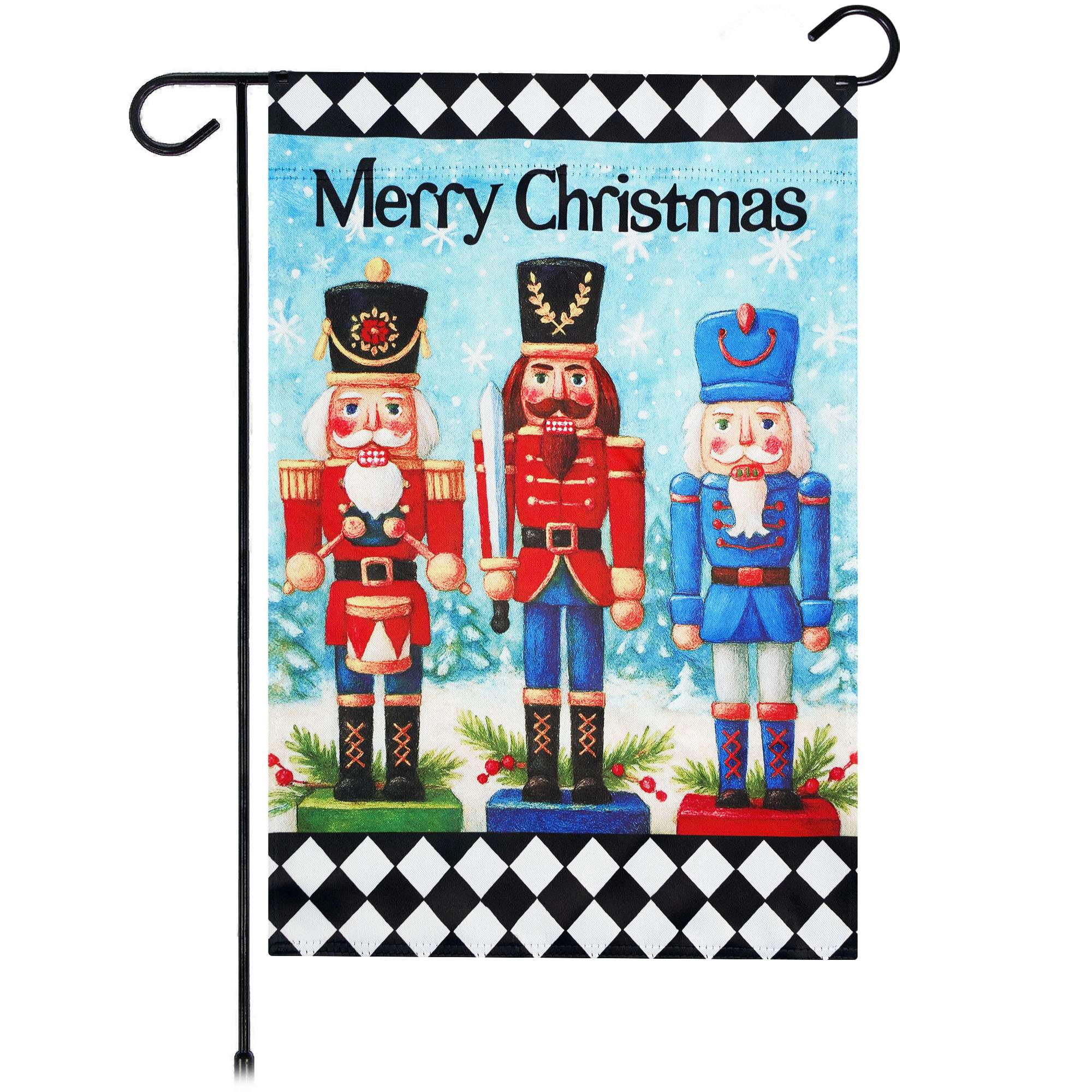 G128 Merry Christmas Three Nutcrackers Garden Flag 12x18 Double-Sided Outdoor Holiday Yard Decoration