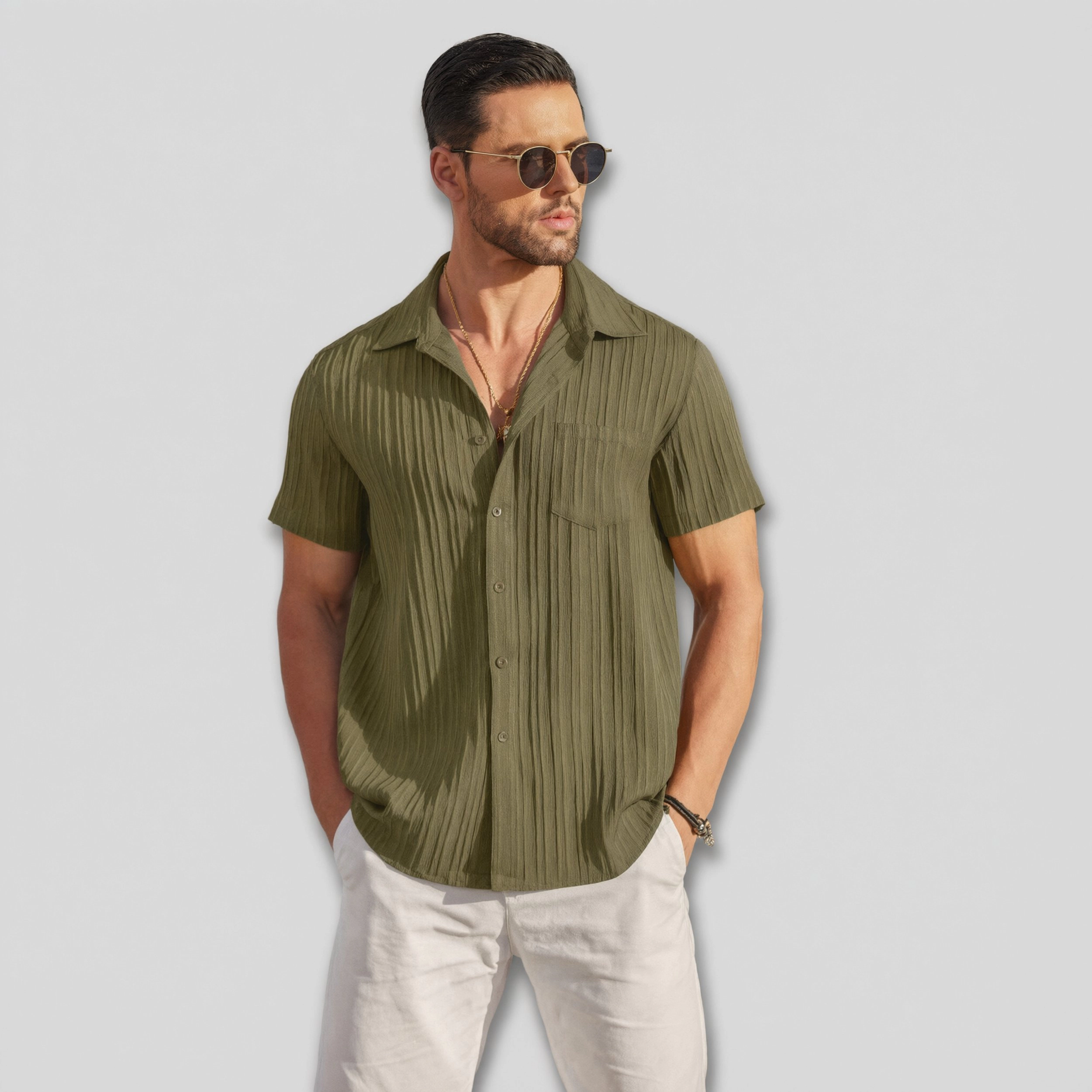 COOFANDY Mens Short Sleeve Button Down Shirt  Pleated Camp Collar Casual Tops