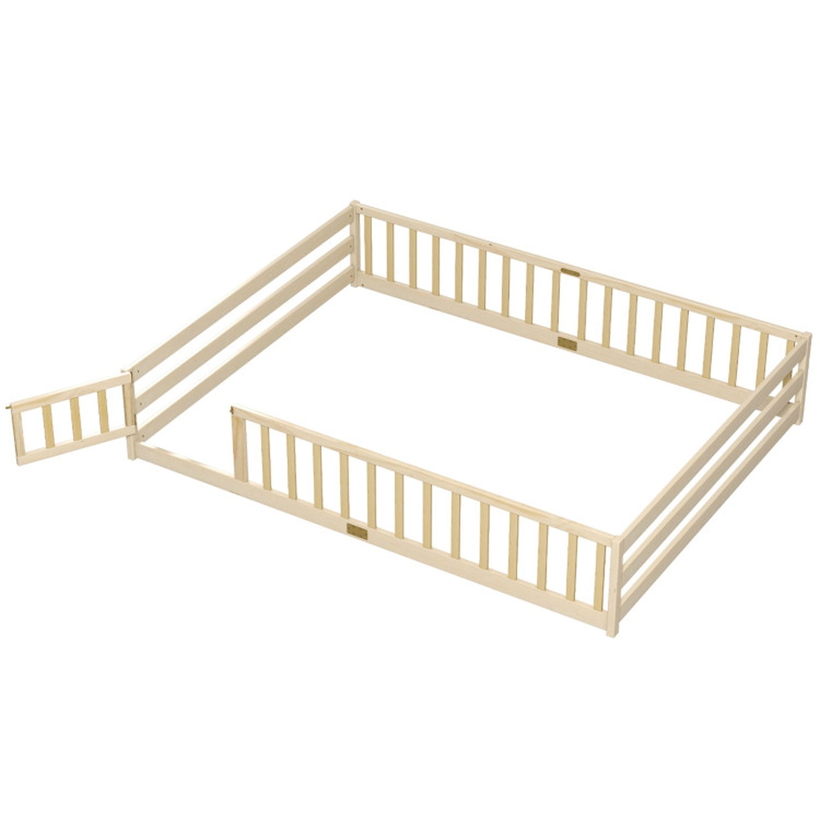 SUGIFT Queen Size Montessori Kids Floor Bed Frame with Full Length Safety Guardrails Low-To-Ground Design Natural