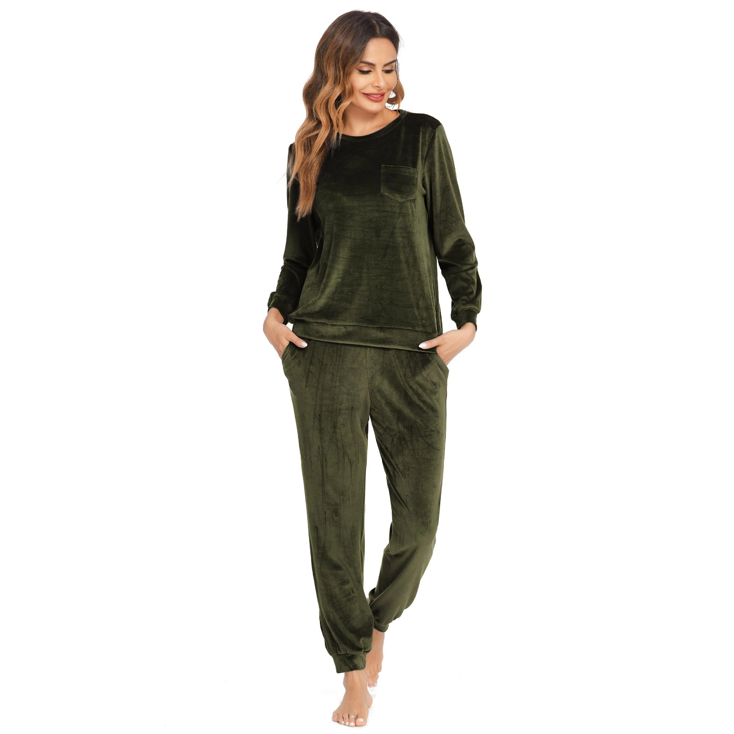 Ekouaer Womens Pajamas Sets Long Sleeve Sleepwear Two Piece Velvet Lounge with Pockets