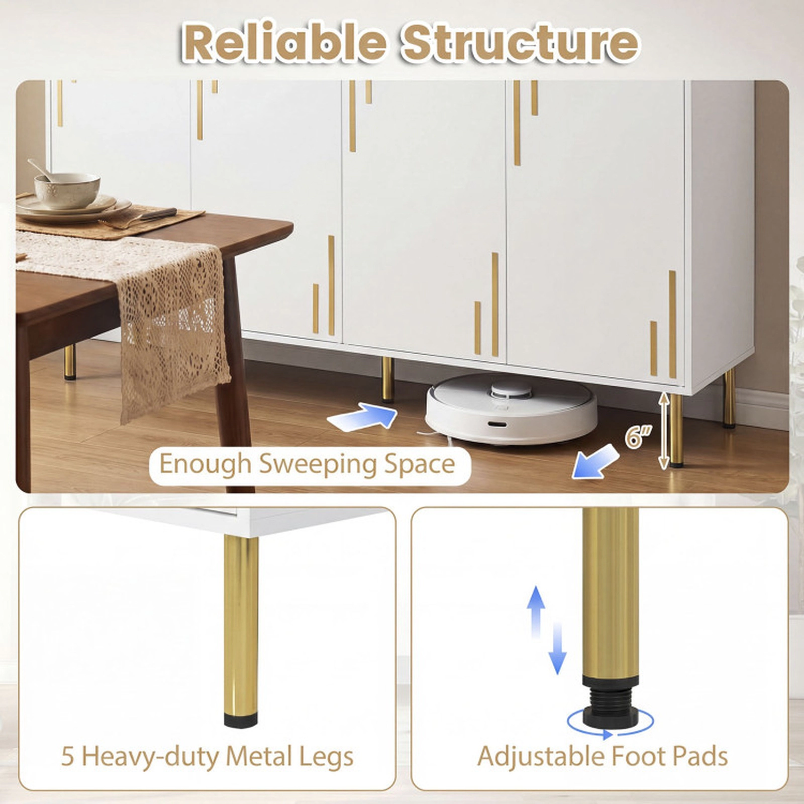 SUGIFT 55-in 4 Doors 5 Metal Legs Gold-Tone Handles Credenza Buffet Cabinet 16-in D x 33-in H 100-lb Capacity White