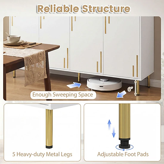 SUGIFT 55-in 4 Doors 5 Metal Legs Gold-Tone Handles Credenza Buffet Cabinet 16-in D x 33-in H 100-lb Capacity White