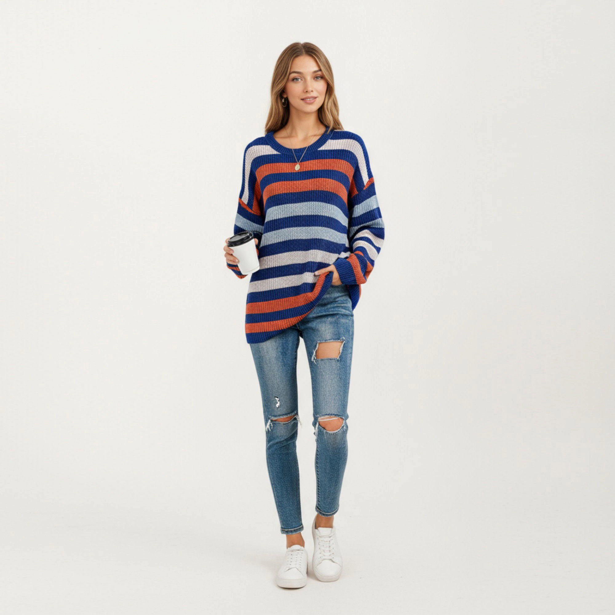 Anna-Kaci Women's Wide Striped Crew Neck Relaxed Fit Long Sleeve Knit Sweater