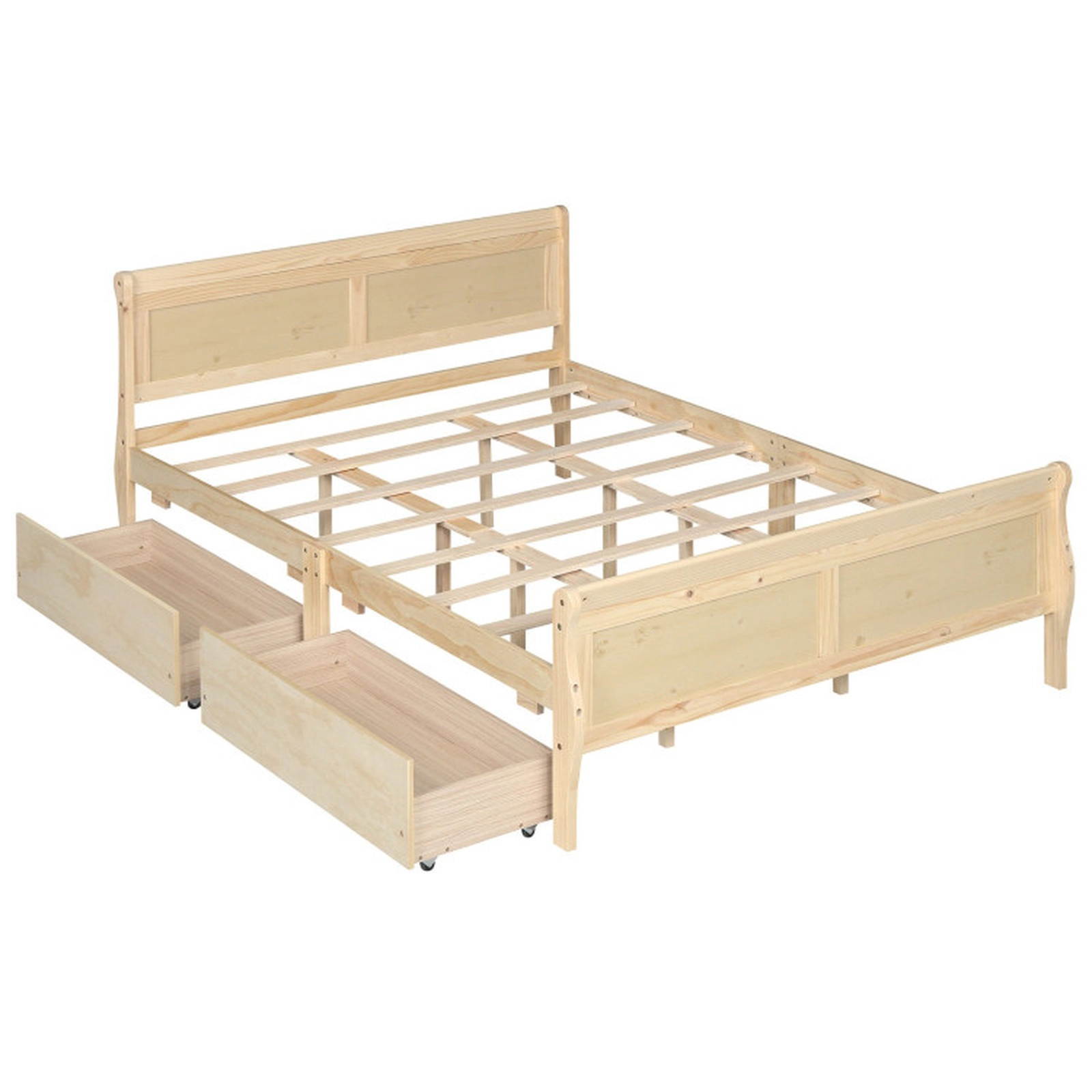 SUGIFT Natural 2 Storage Drawers and Curved Footboard Queen Size Wooden Bed Frame