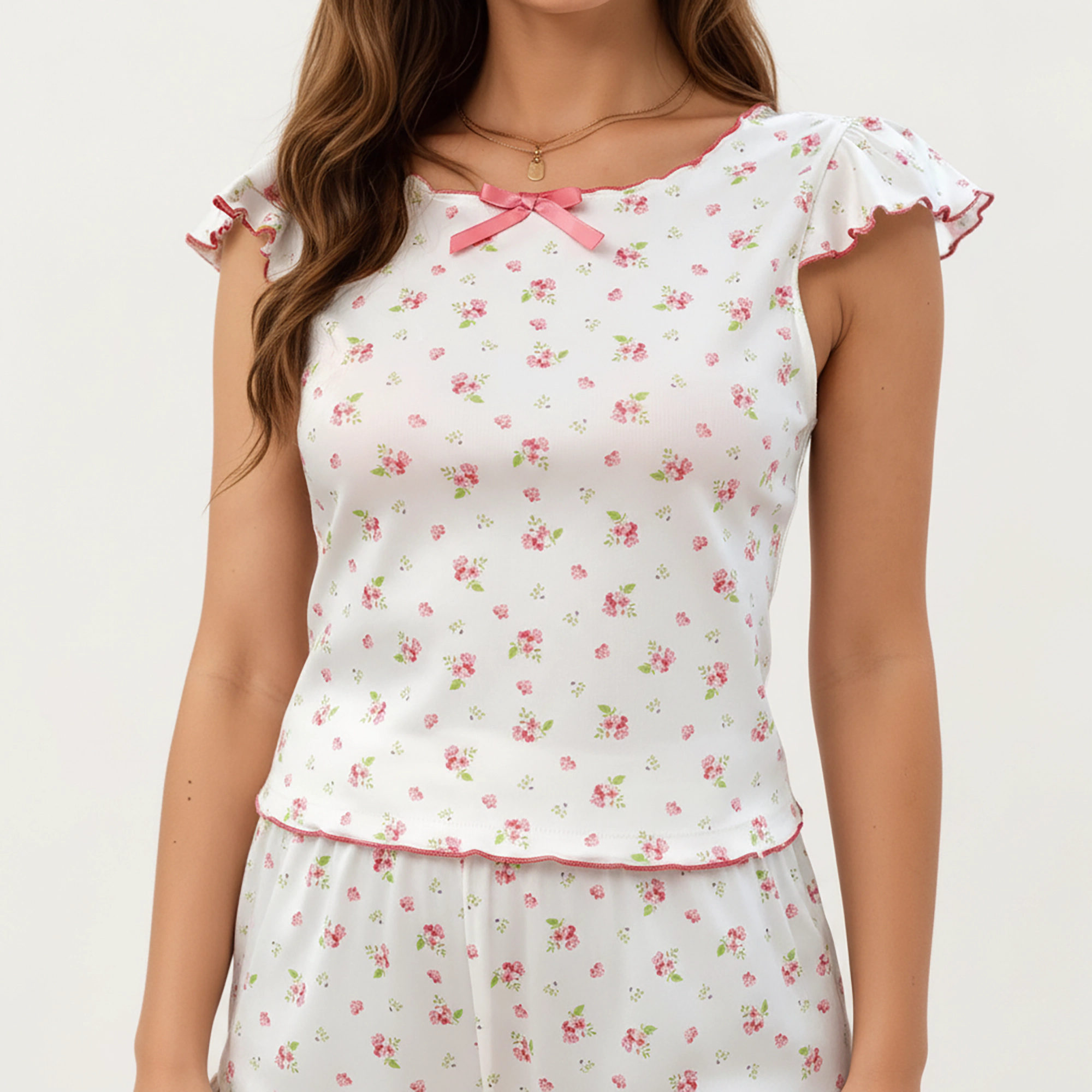 Anna-Kaci Women's Floral Print Short Sleeve Sleepwear Set with Ruffled Hem and Contrast Trim