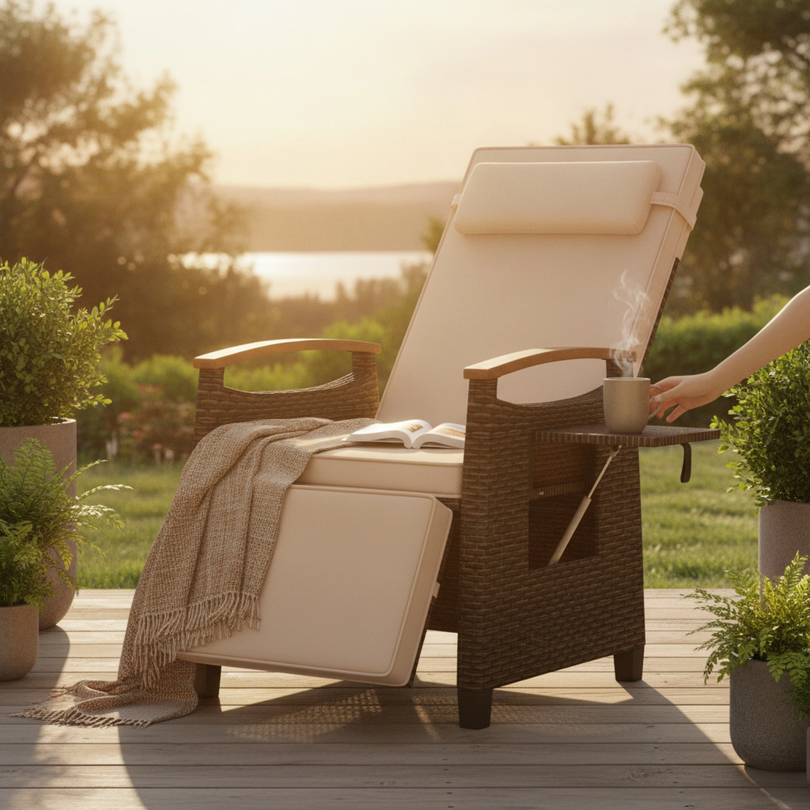 SUGIFT Brown PE Rattan Reclining Patio Chair with Footrest, Headrest and Arm Tray