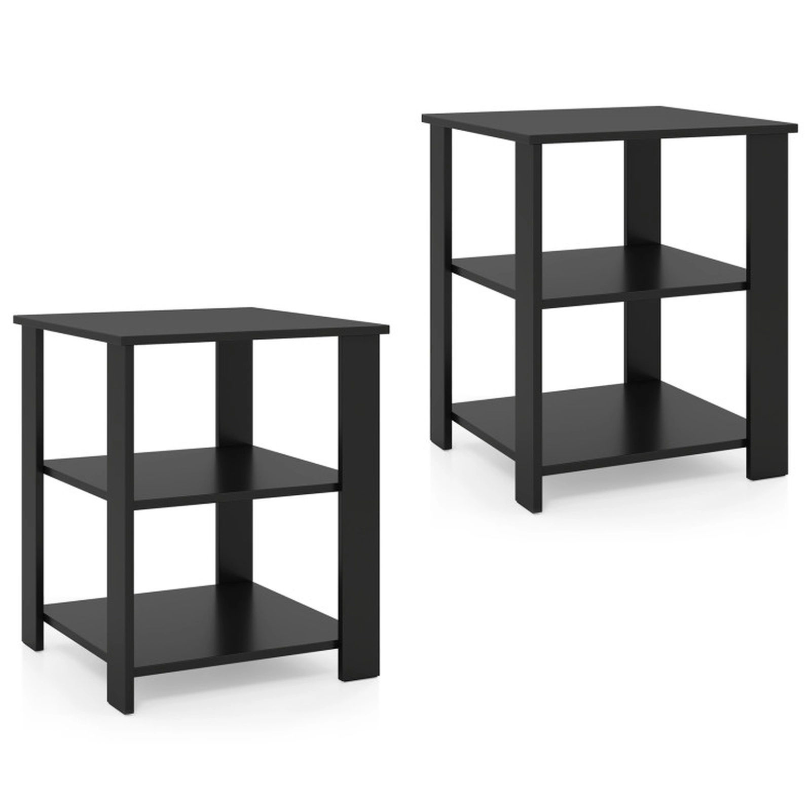 SUGIFT Open Shelves Set of 2 Black 3-Tier Modern Nightstands Square Side Tables