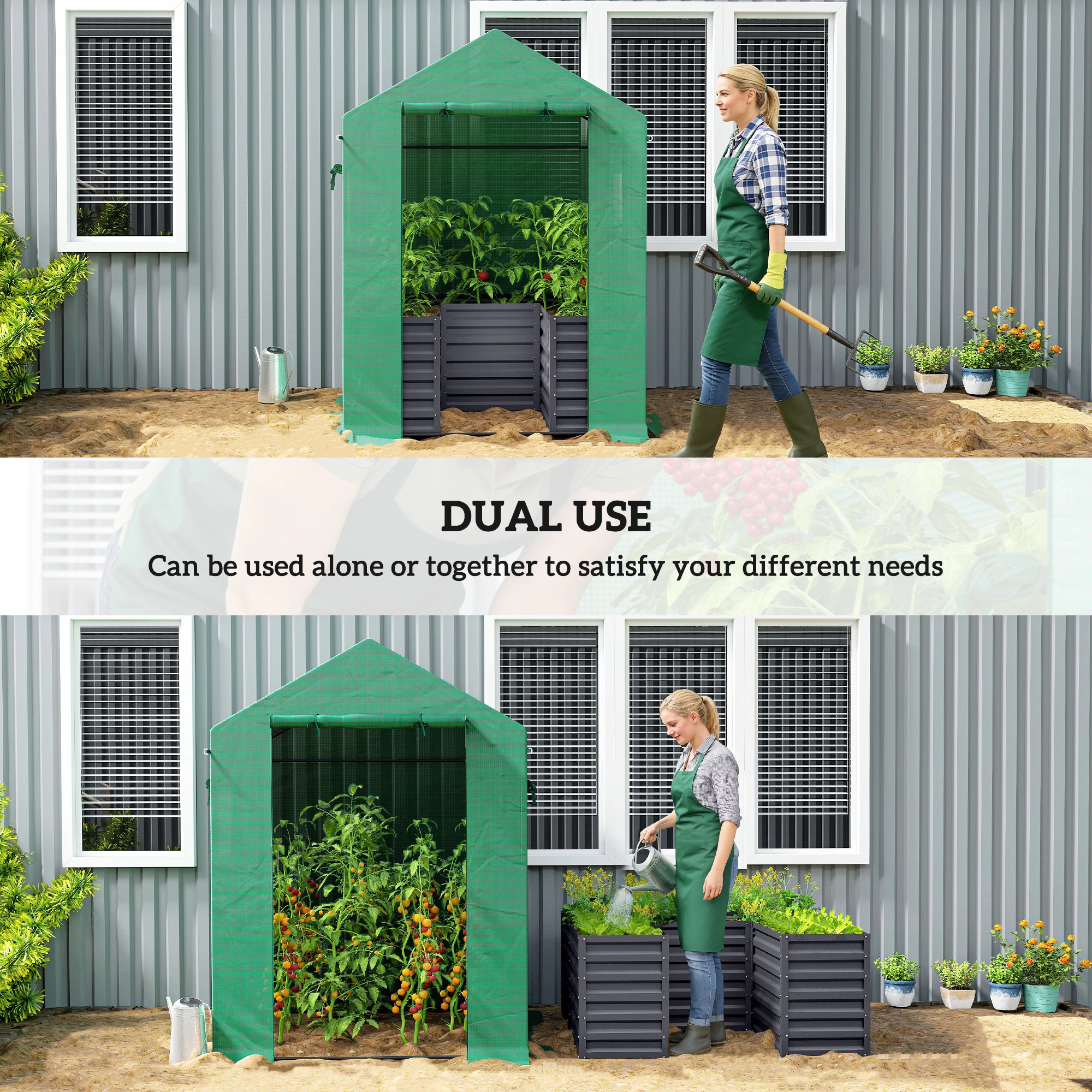 HONGGE Greenhouse with Raised Garden Bed Galvanized Steel Outdoor Roll Up Door 56" x 75"