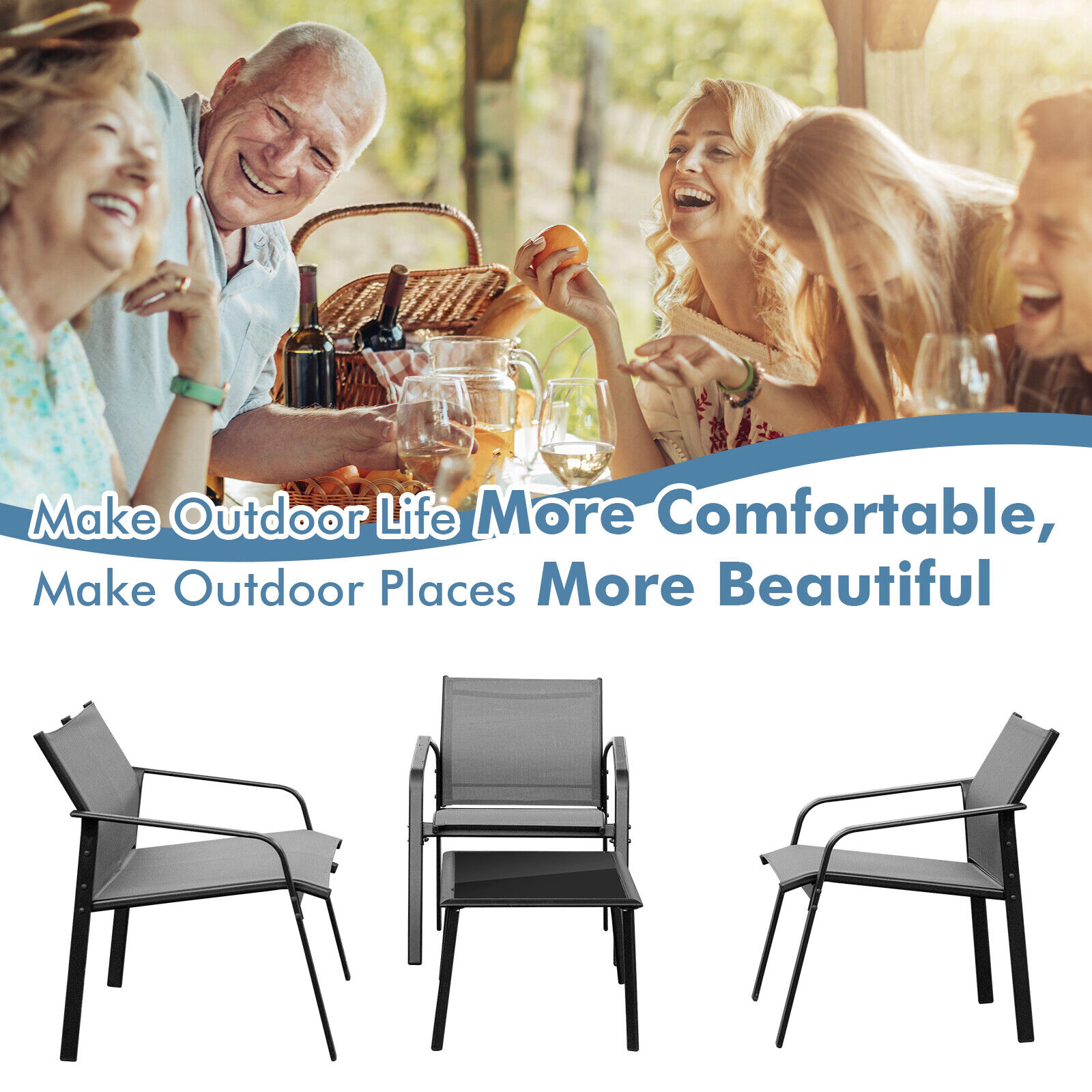 SUGIFT Gray Loveseat and Tempered Glass Table 4-Piece Patio Sling Fabric Sofa Set