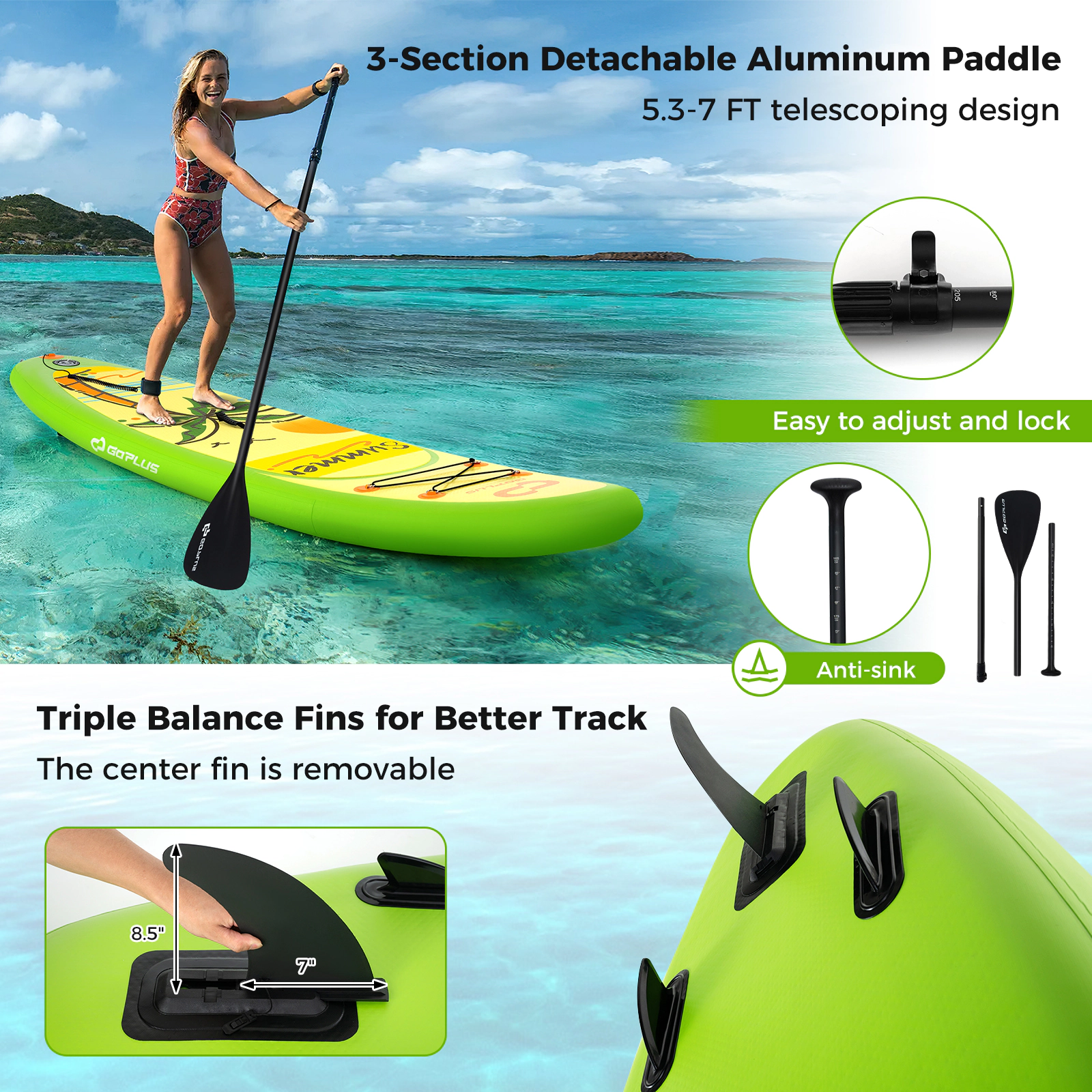 SUGIFT 10-ft 300-lb Capacity 500D PVC Inflatable Stand Up Paddle Board with 3 Fins Telescoping Paddle and Backpack