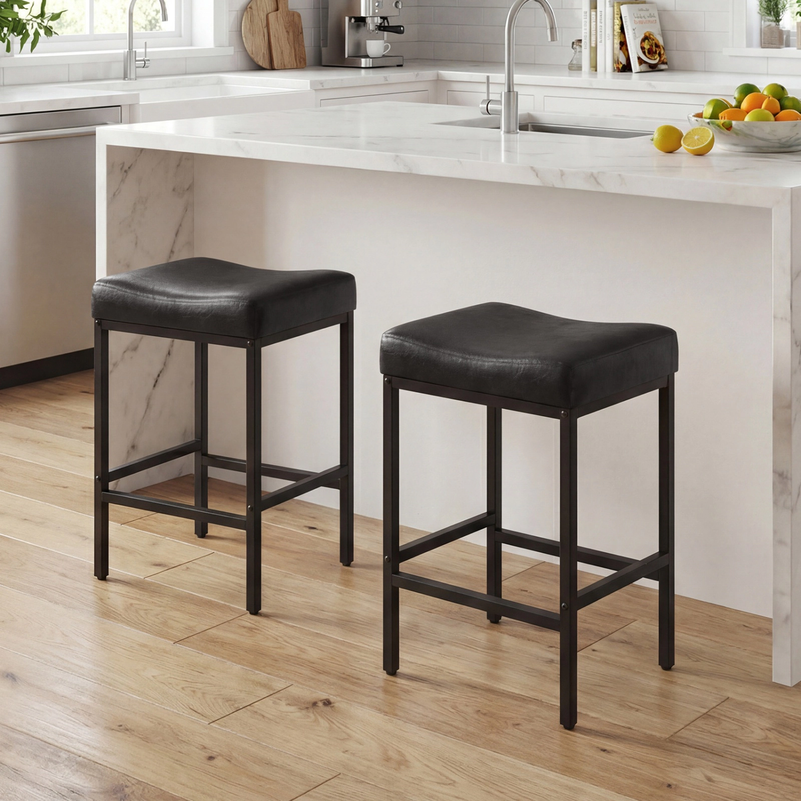 SUGIFT Set of 2 Black Faux Leather Saddle Bar Stools, 25 in Counter Height, 400 lb Capacity