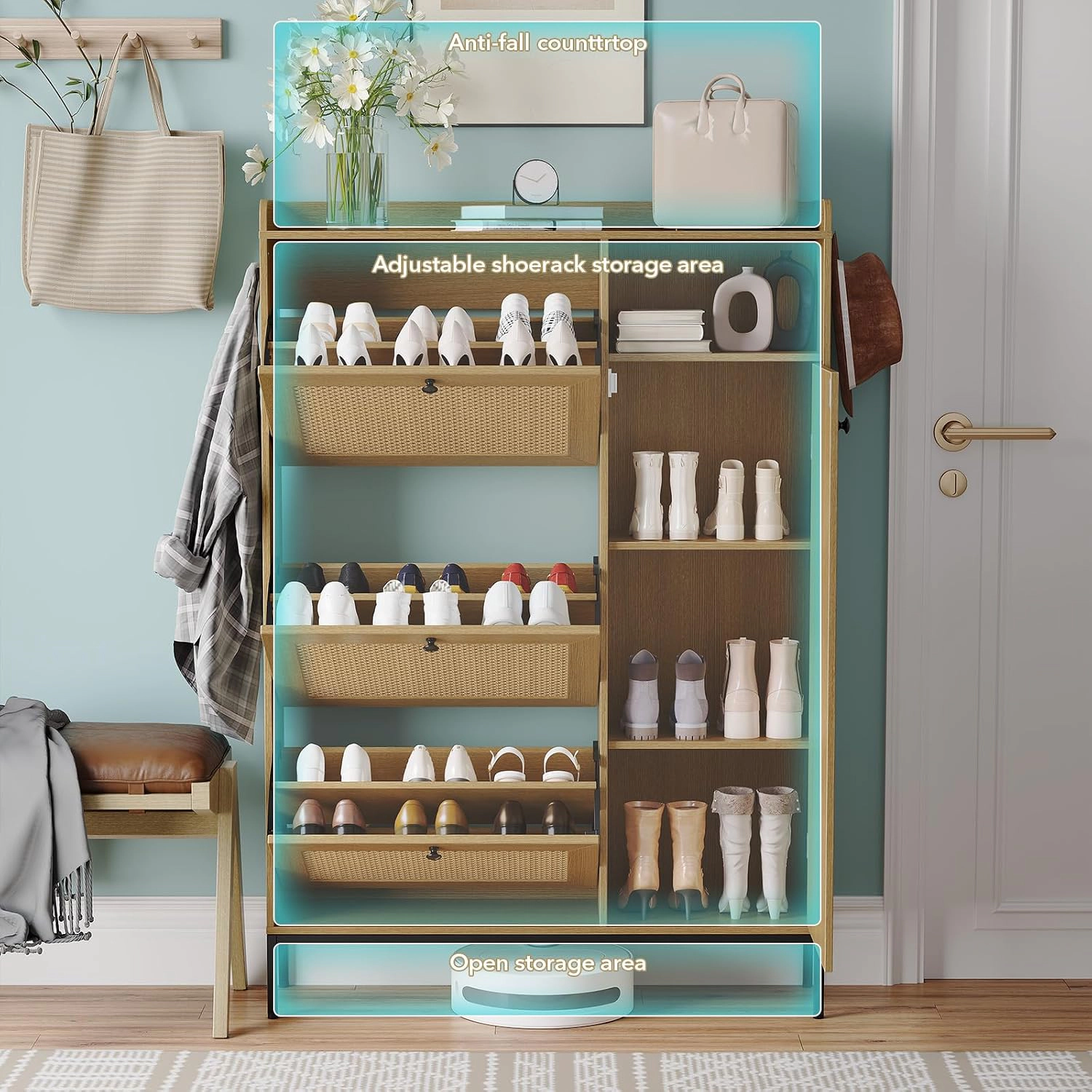BebreezChic Narrow Rattan 4-Tier Shoe Cabinet with 3 Flip Drawers,NATURAL