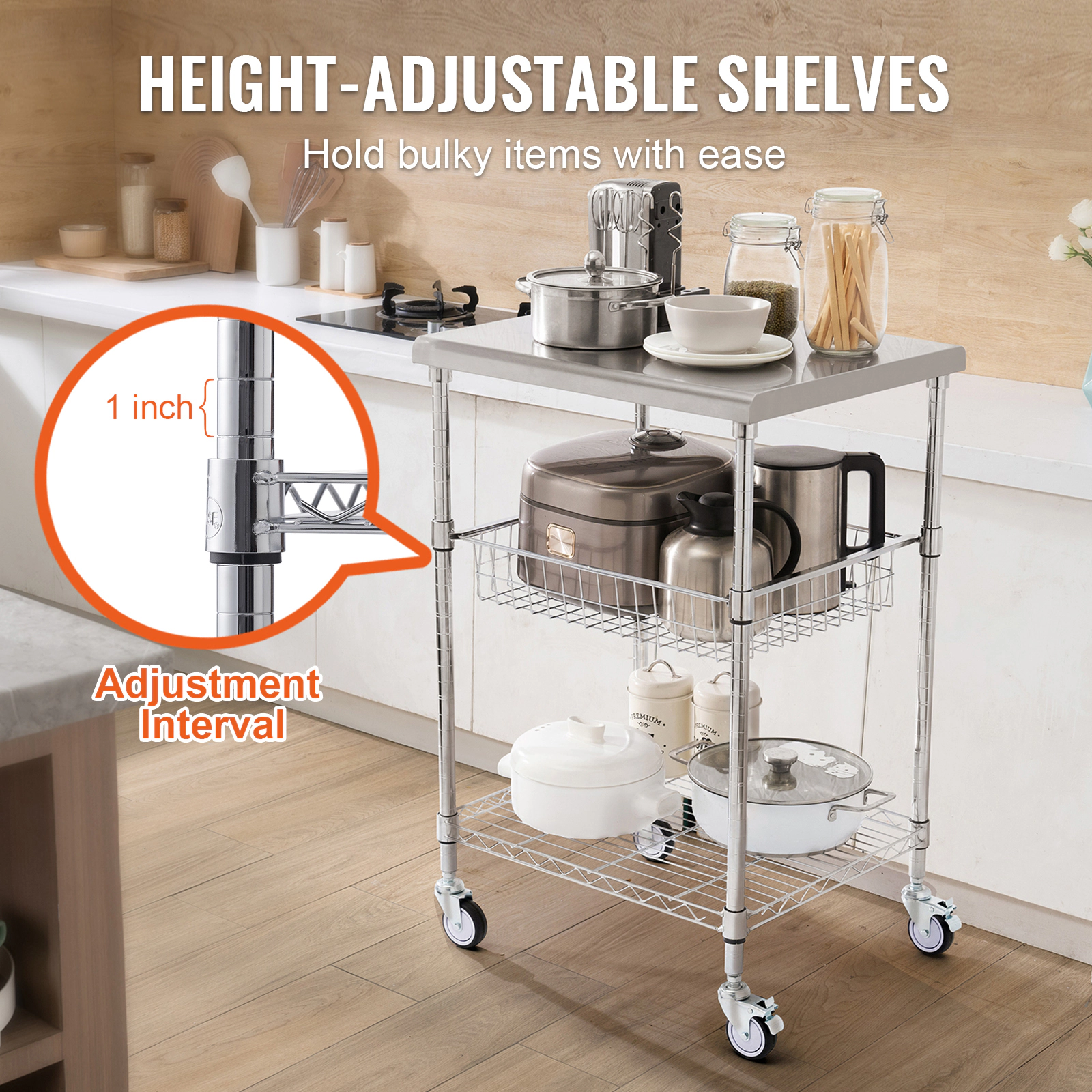 HONGGE 3-Tier Stainless Steel Kitchen Utility Cart, 470 lbs Capacity, Adjustable Wire Trolley with Basket