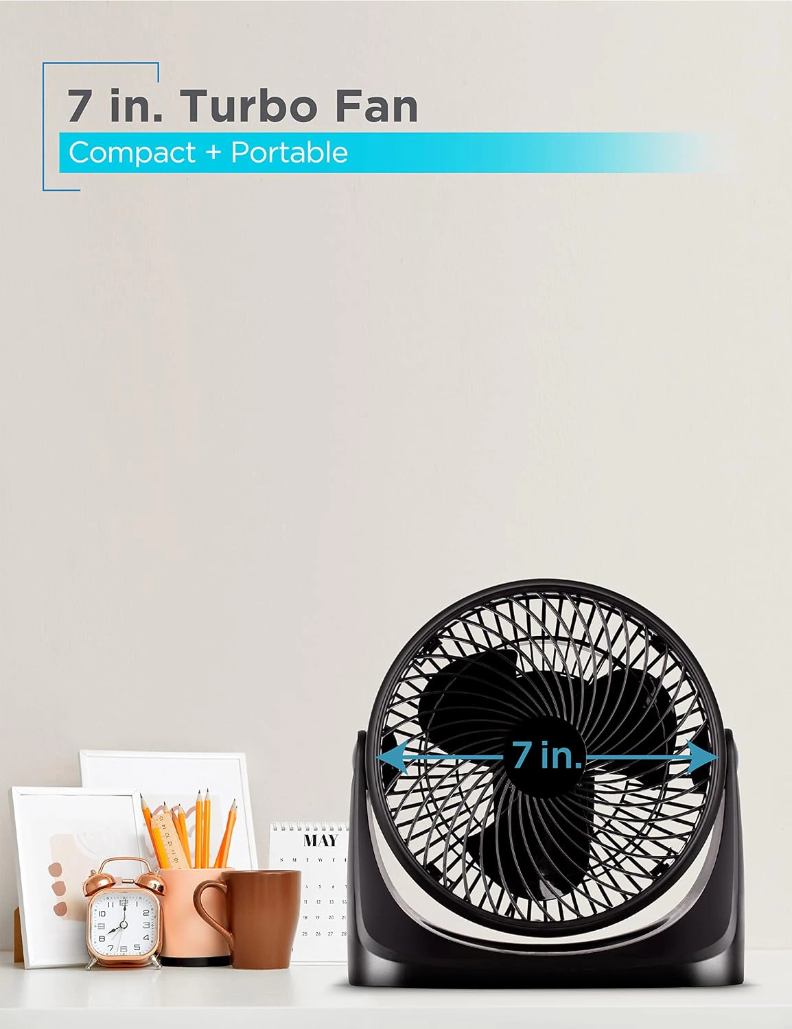Black+Decker Turbo Portable Desk Fan, 3-Speed, 90° Tilt, 7-Inch, Black