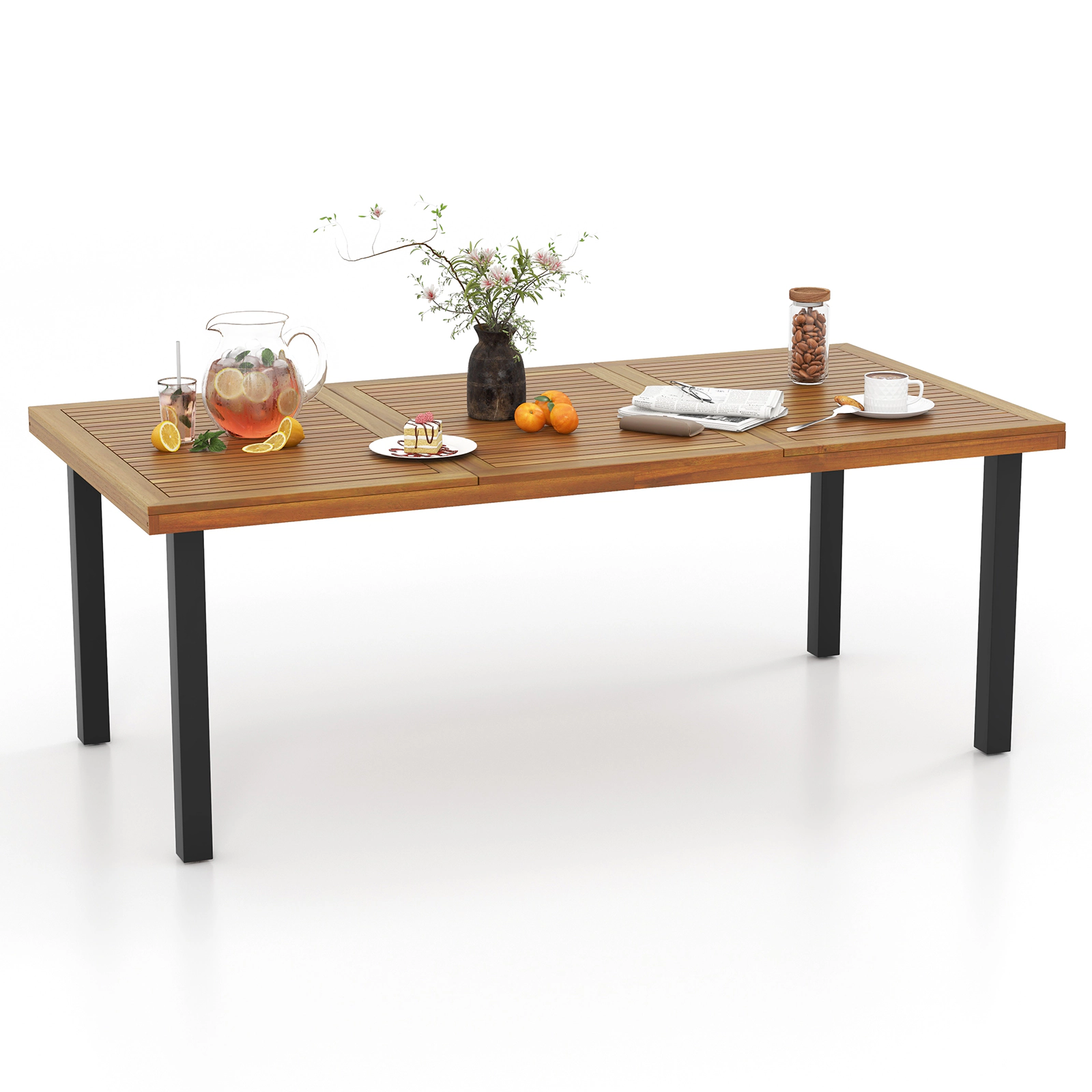 SUGIFT 79-Inch Acacia Wood Outdoor Dining Table for 8 with Umbrella Hole and Leveling Pads