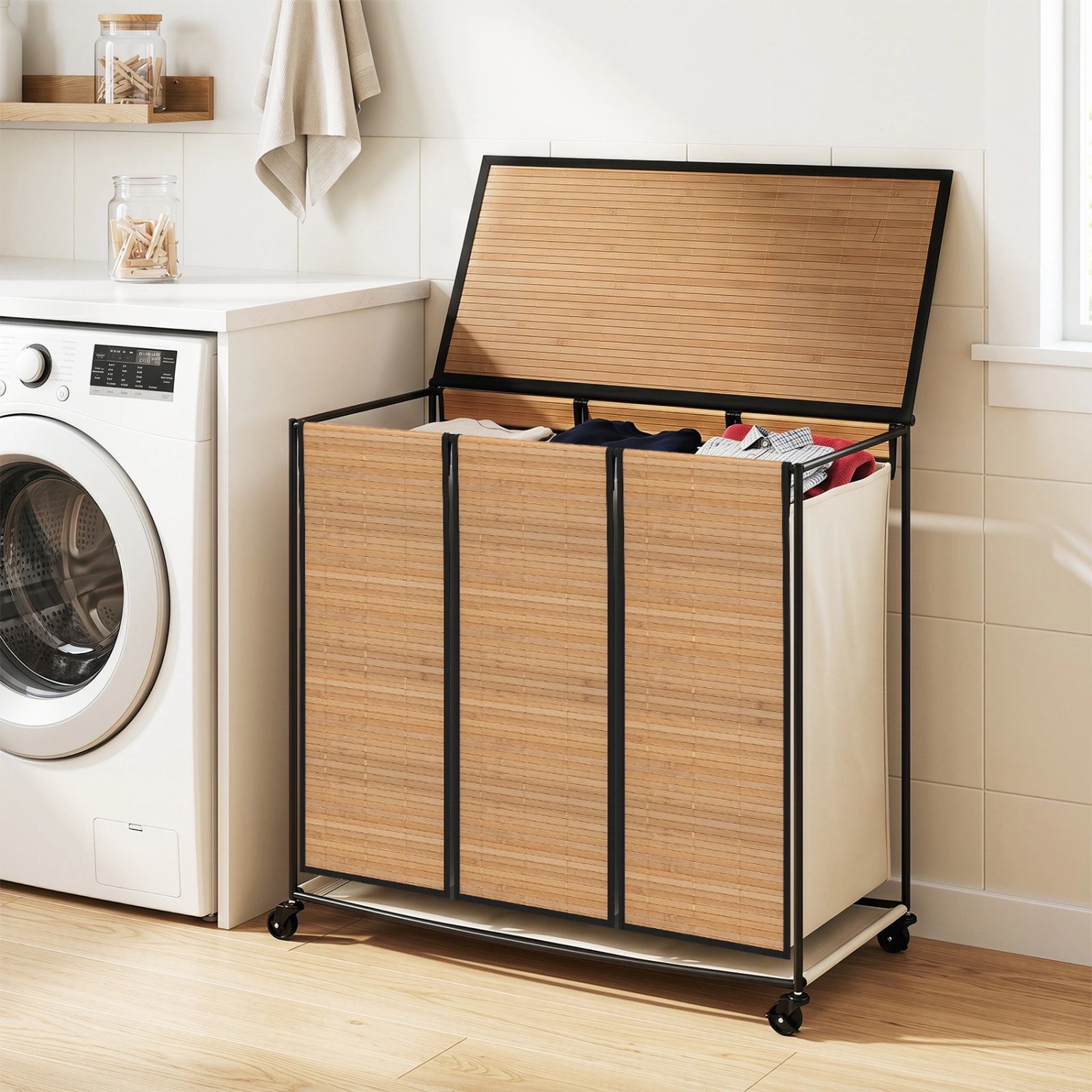 SUGIFT 21.4 Gal 3-Section Bamboo Laundry Hamper Lid 11-lb Per Section Capacity 26-in Tall with 4 Wheels Natural + Black