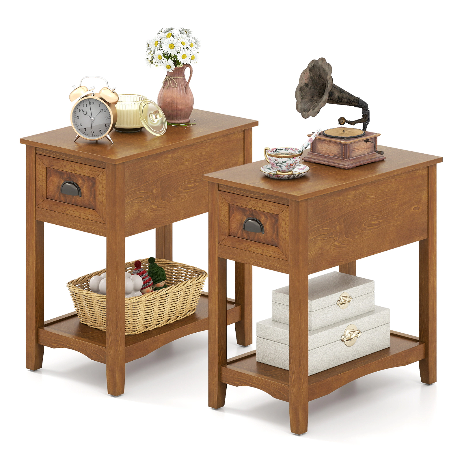 Glintex 2-Piece Compact Chairside End Table Set with Drawer and Lower Shelf