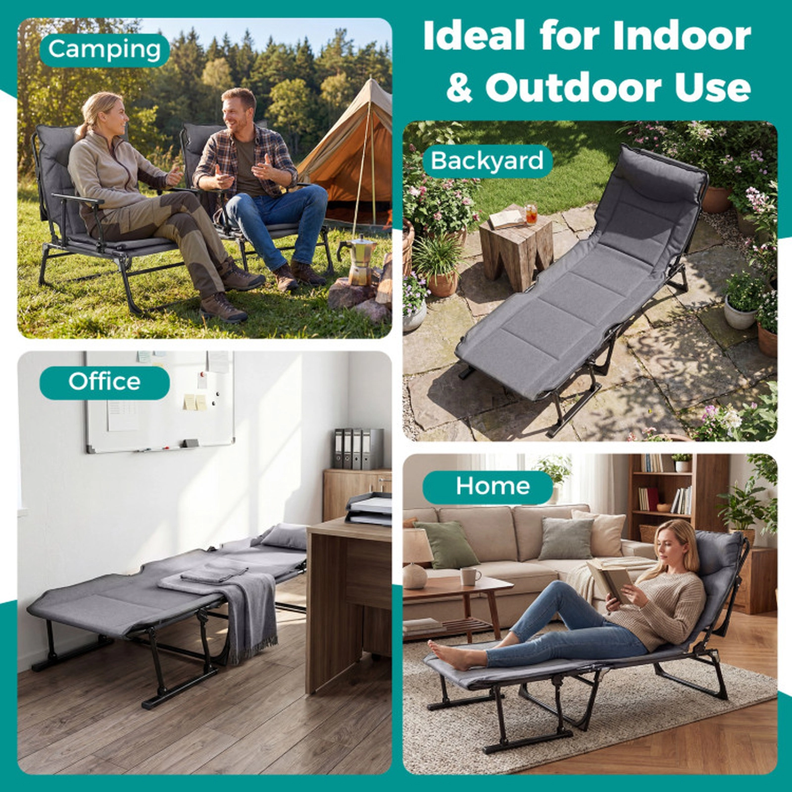 SUGIFT 3-in-1 Folding Camping Cot Convertible Single Sofa Chair 375-lb Capacity Gray and Black 71-in Bed 26-in Wide Seat