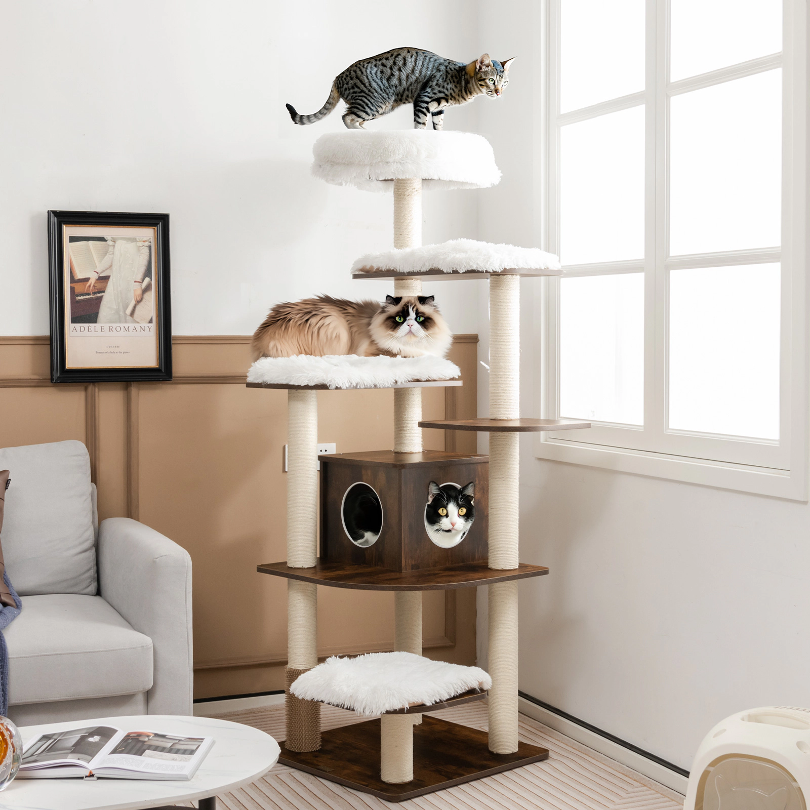 SUGIFT 71-in 7-Layer Wooden Cat Tree Tower with Self-Groomer Massage Comb Condo and Sisal Posts