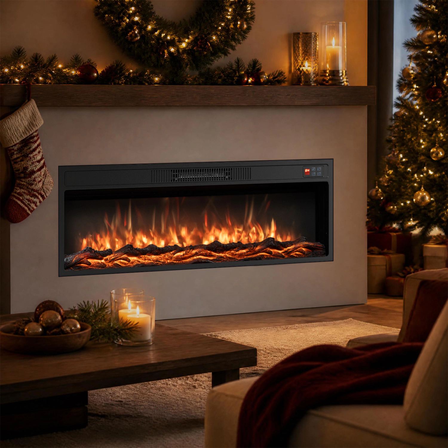 LJG Recessed Electric Fireplace Heater with Adjustable Flame Colors & Brightness