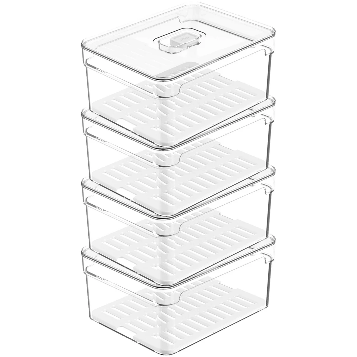 OU Fridge Organizer Bin w/ Vented Lid, Clear Stackable Refrigerator Storage Container w/ Drain Tray, 4 Pack