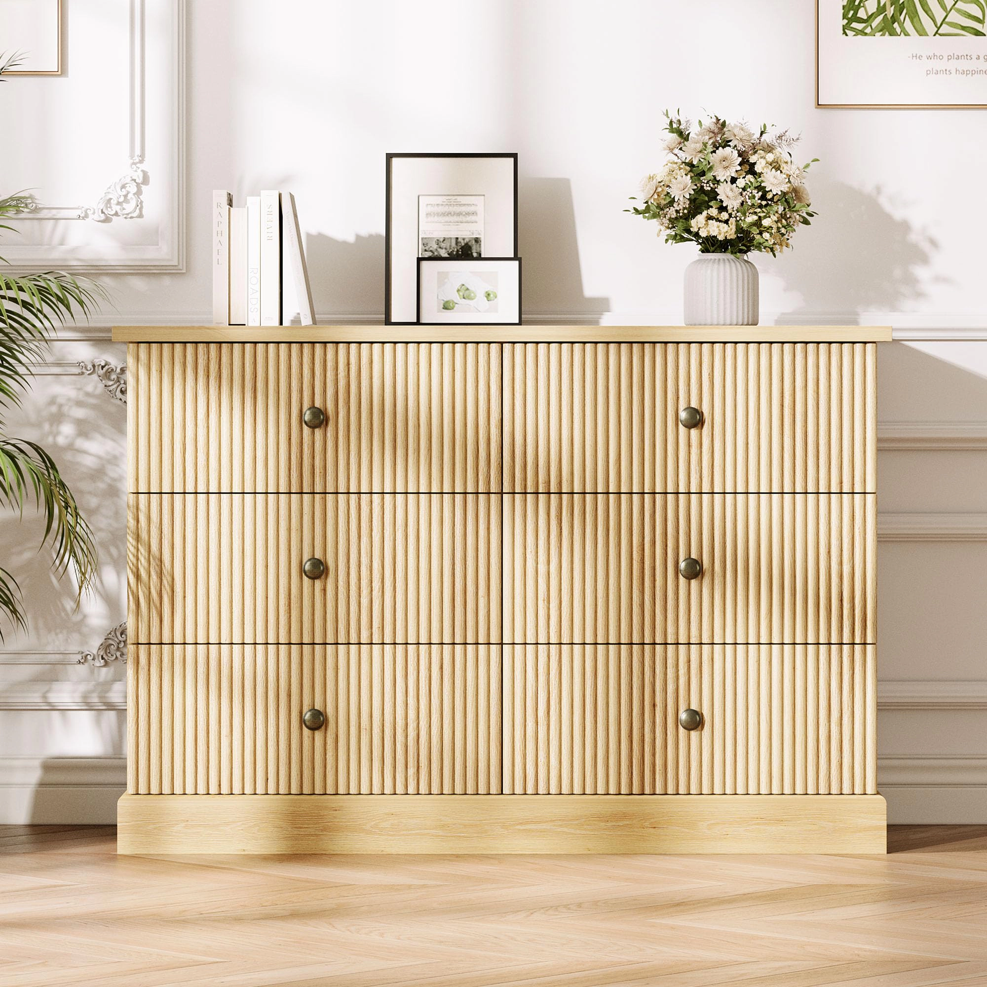 6 Drawer Fluted Dresser, 47" Wide Modern Wood Storage Chest with Metal Handles for Bedroom Apartment