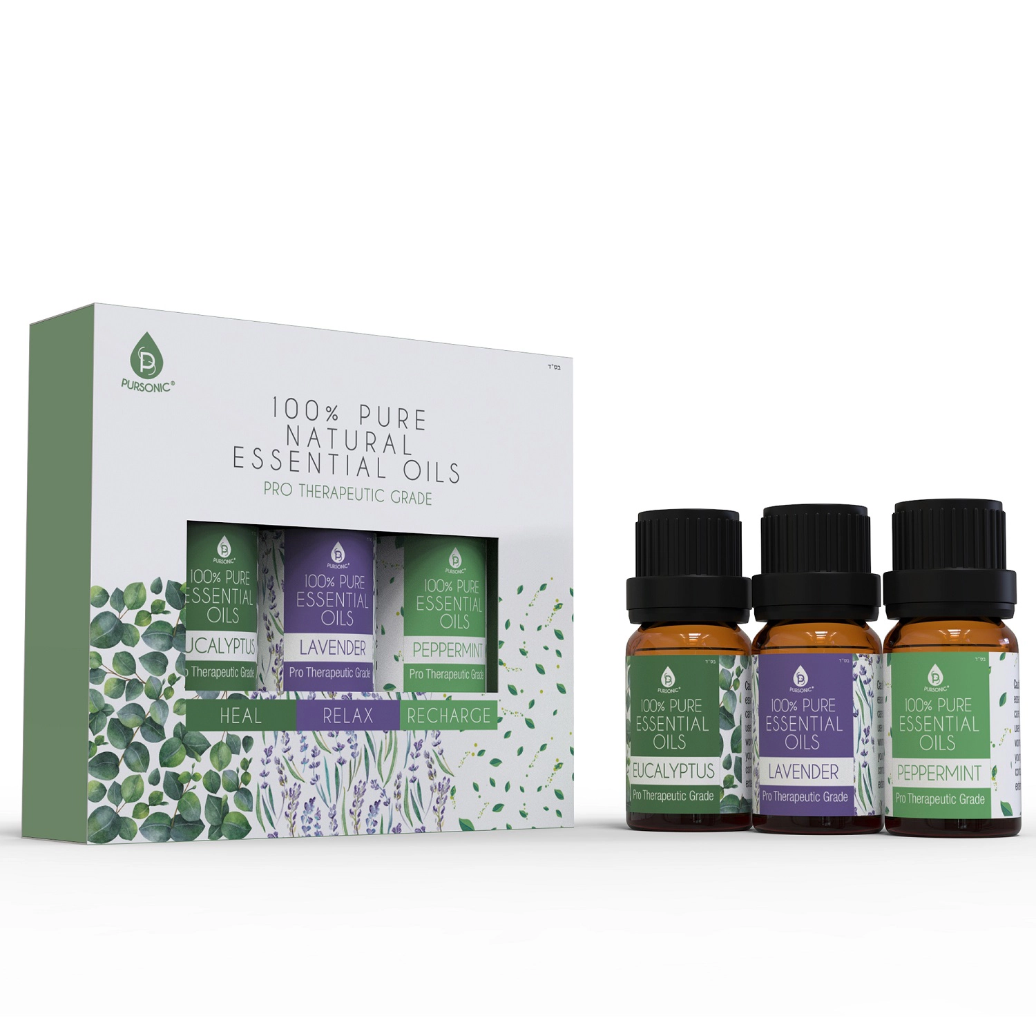 Pursonic Unisex Natural Aromatherapy Essential Oil Set: 3 Pack of 100% Pure Essential Oils (Eucalyptus, Lavender & Peppermint)