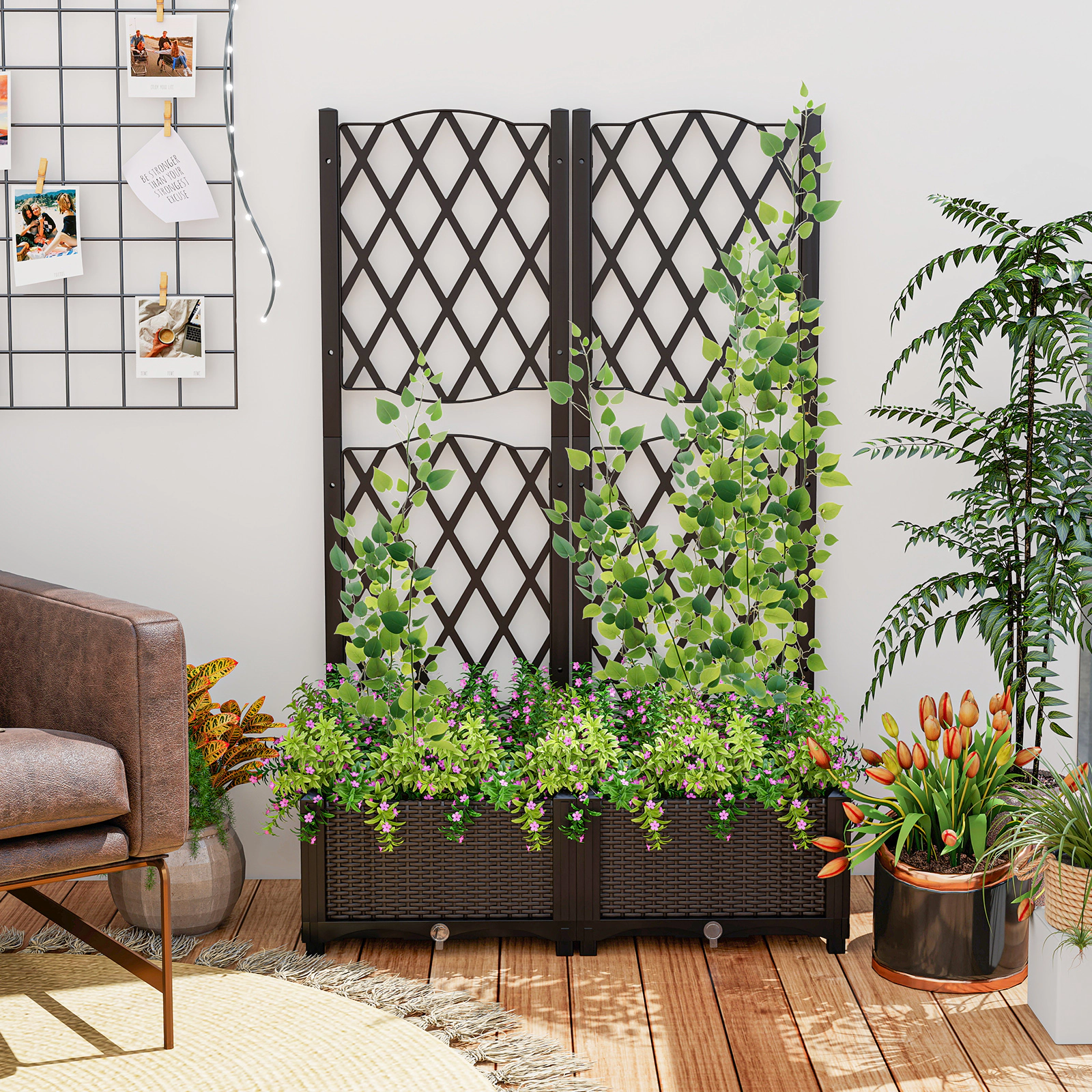 SlickBlue Rattan Style Raised Planter Box with Climbing Plant Trellis