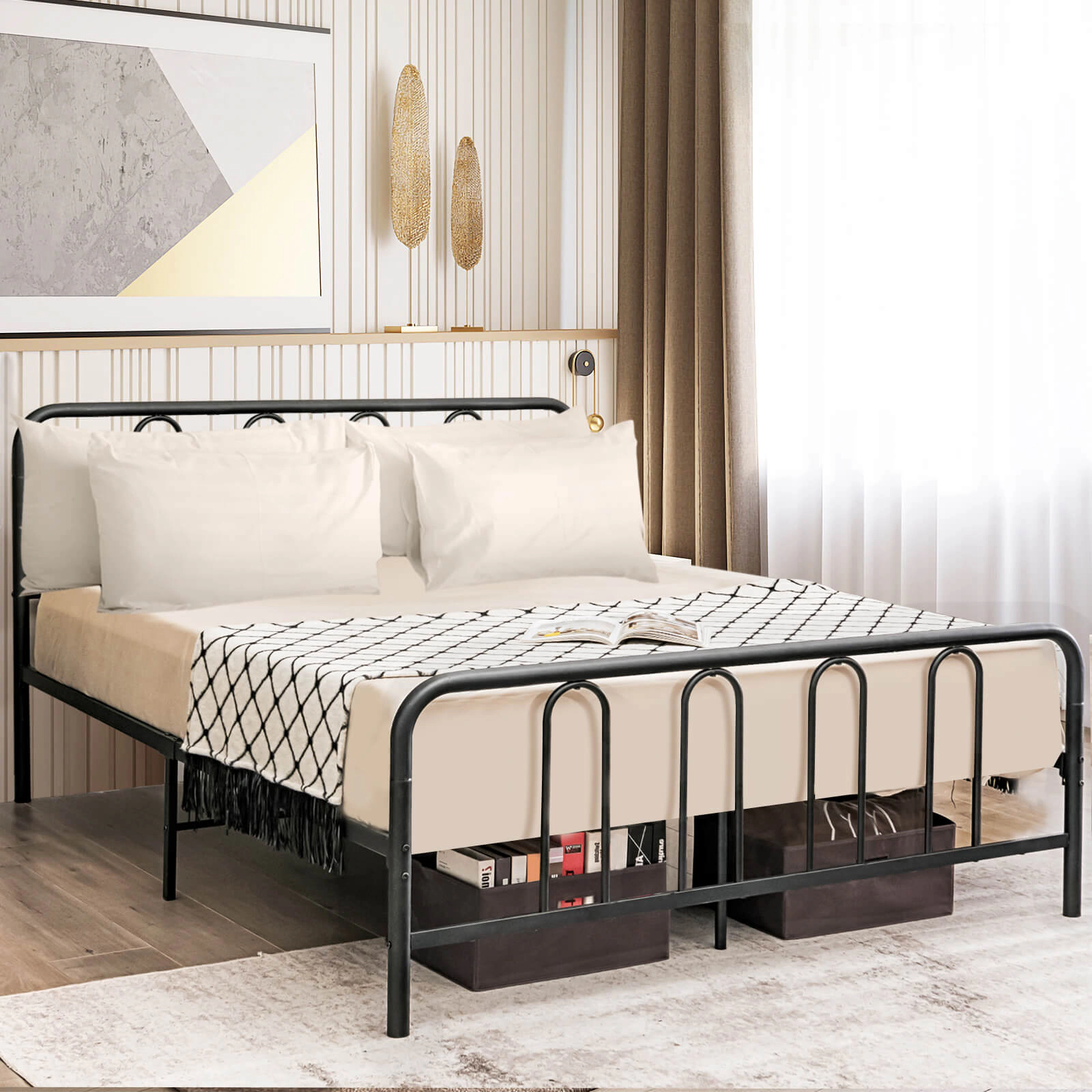 SUGIFT Full Size 660-lb Bed Capacity Metal Bed Frame with Headboard and Footboard 78.5-in L 55.5-in W Black